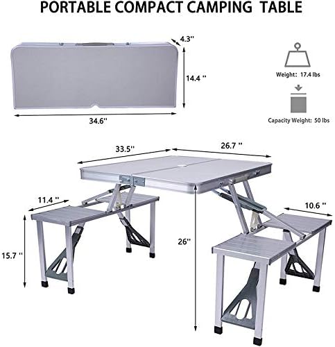 Folding Picnic Table, Aluminum Foldable Table, Camping Table with Seats and Umbrella Hole, Lightweight Suitcase Outdoor, Portable Camping Chairs for Travel Outing Gathering BBQ Christmas Gift