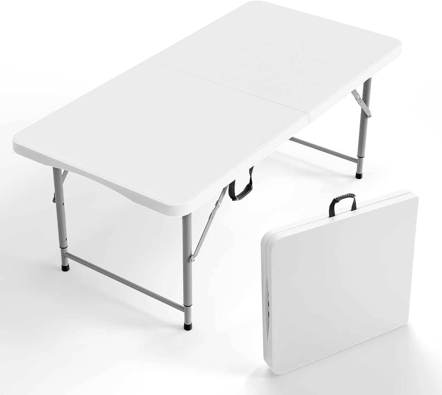 VINGLI 6 Foot Plastic Folding Table Portable Long Table for Indoor Outdoor Use Rectangular with Carrying Handle, Smooth HDPE Tabletop, White