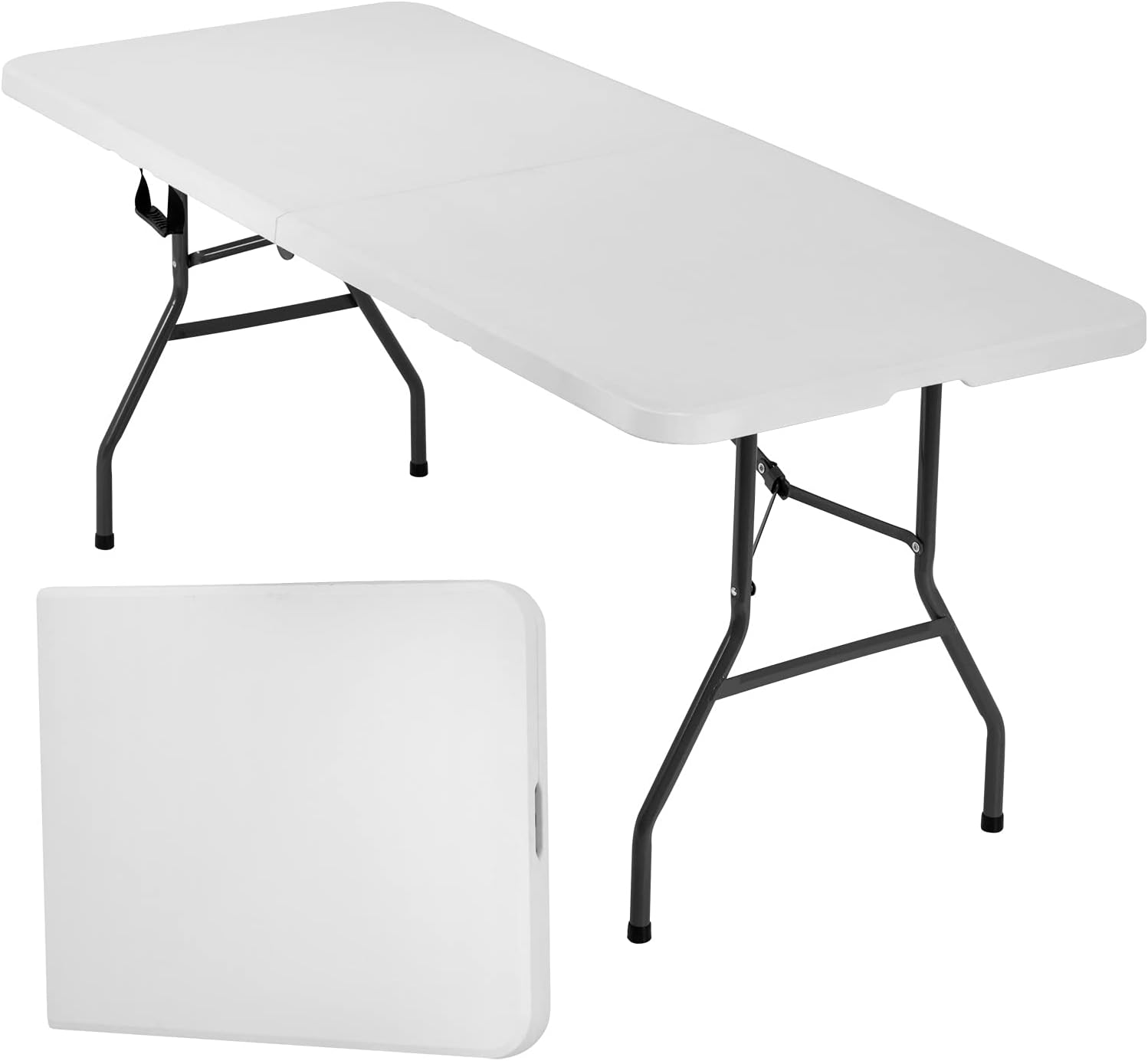 FDW 6FT Folding Table, Portable Fold-in-Half Plastic Picnic Party Table with Carrying Handle （White, 6FT）