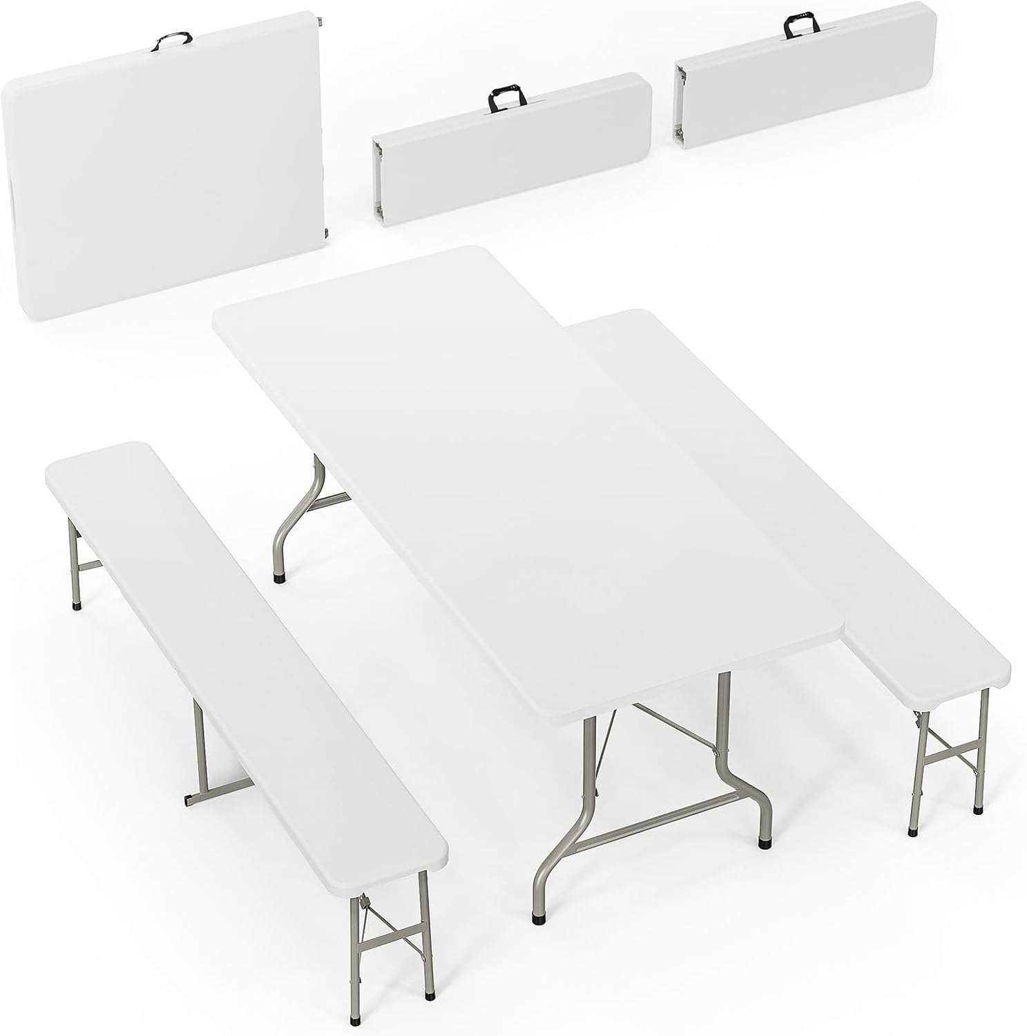 Bonnlo White Folding Picnic Table Set with 2 Benches, 6 Feet Camping Table Chair Set, Modern Portable 3-Piece Furniture for Indoor/Outdoor Use, White Folding Picnic Table with Smooth Tabletop