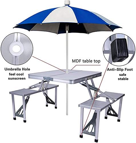 Folding Picnic Table, Aluminum Foldable Table, Camping Table with Seats and Umbrella Hole, Lightweight Suitcase Outdoor, Portable Camping Chairs for Travel Outing Gathering BBQ Christmas Gift
