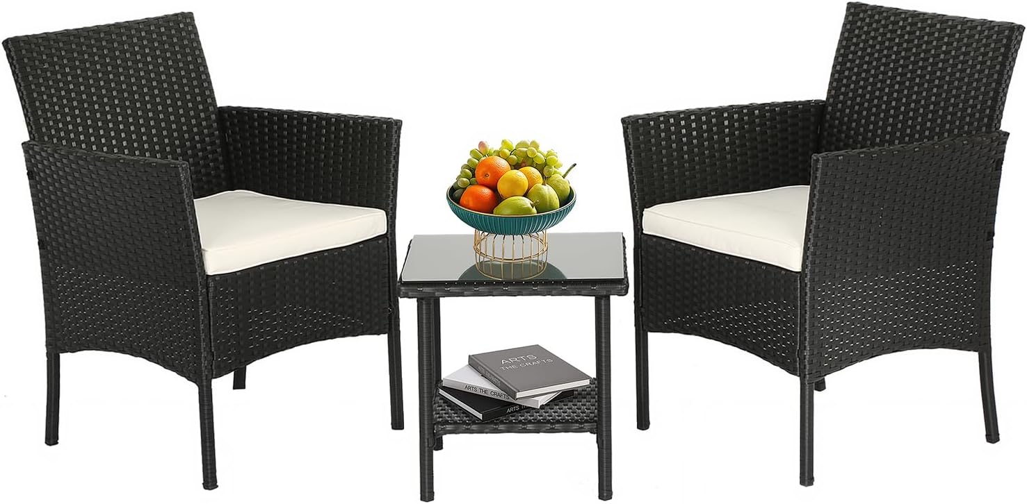FDW Wicker Outdoor Furniture Patio Furniture Set of 3 Rattan Patio Chairs Outdoor Chairs Patio Conversation Set with Coffee Table for Yard Backyard Lawn Porch Poolside Balcony,Black