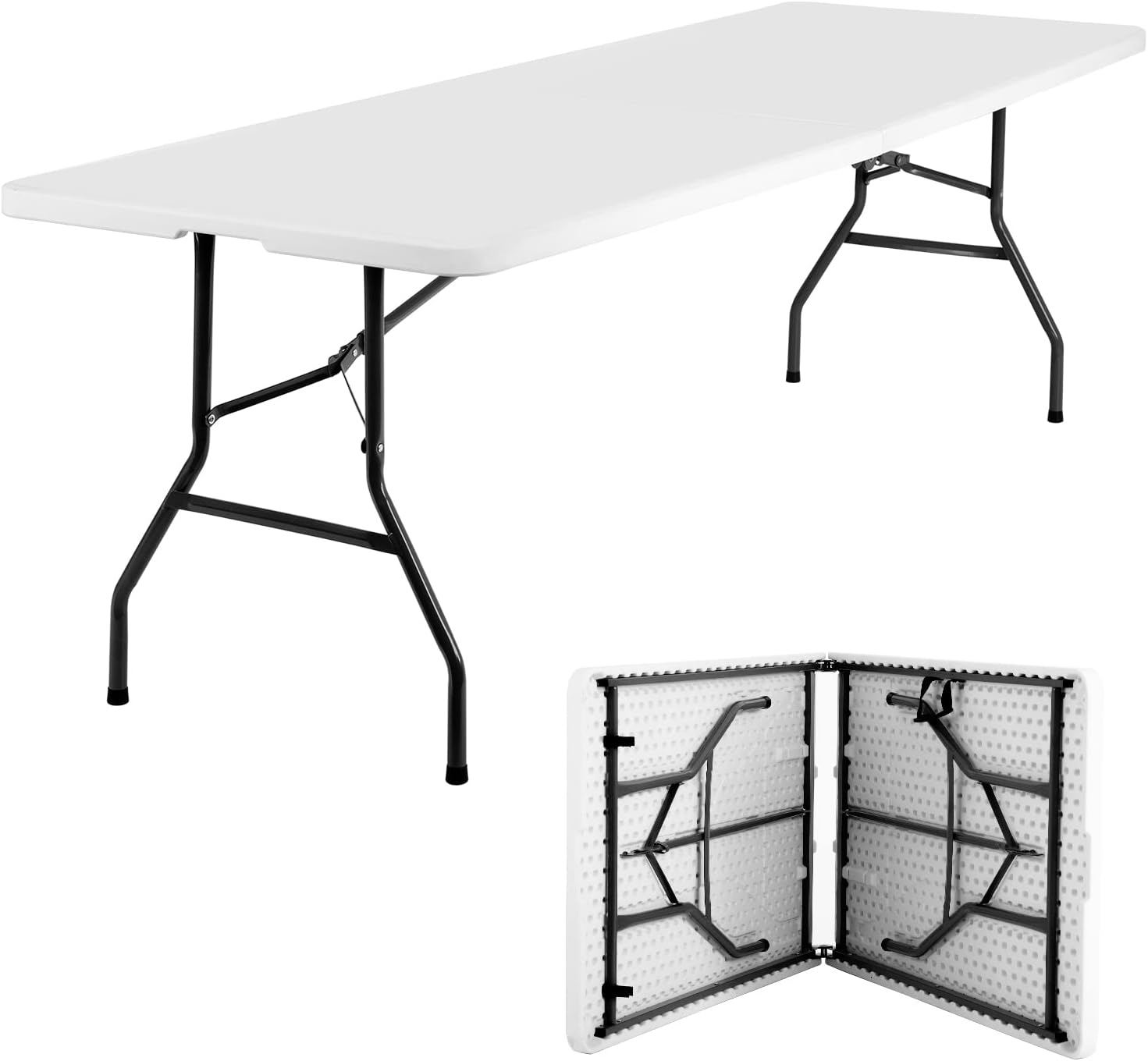 FDW 6FT Folding Table, Portable Fold-in-Half Plastic Picnic Party Table with Carrying Handle （White, 6FT）
