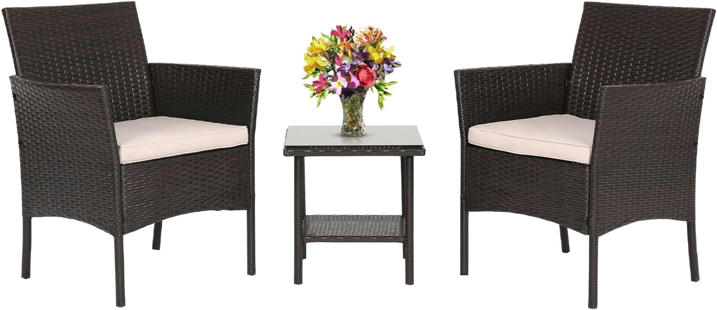 FDW Wicker Outdoor Furniture Patio Furniture Set of 3 Rattan Patio Chairs Outdoor Chairs Patio Conversation Set with Coffee Table for Yard Backyard Lawn Porch Poolside Balcony,Black