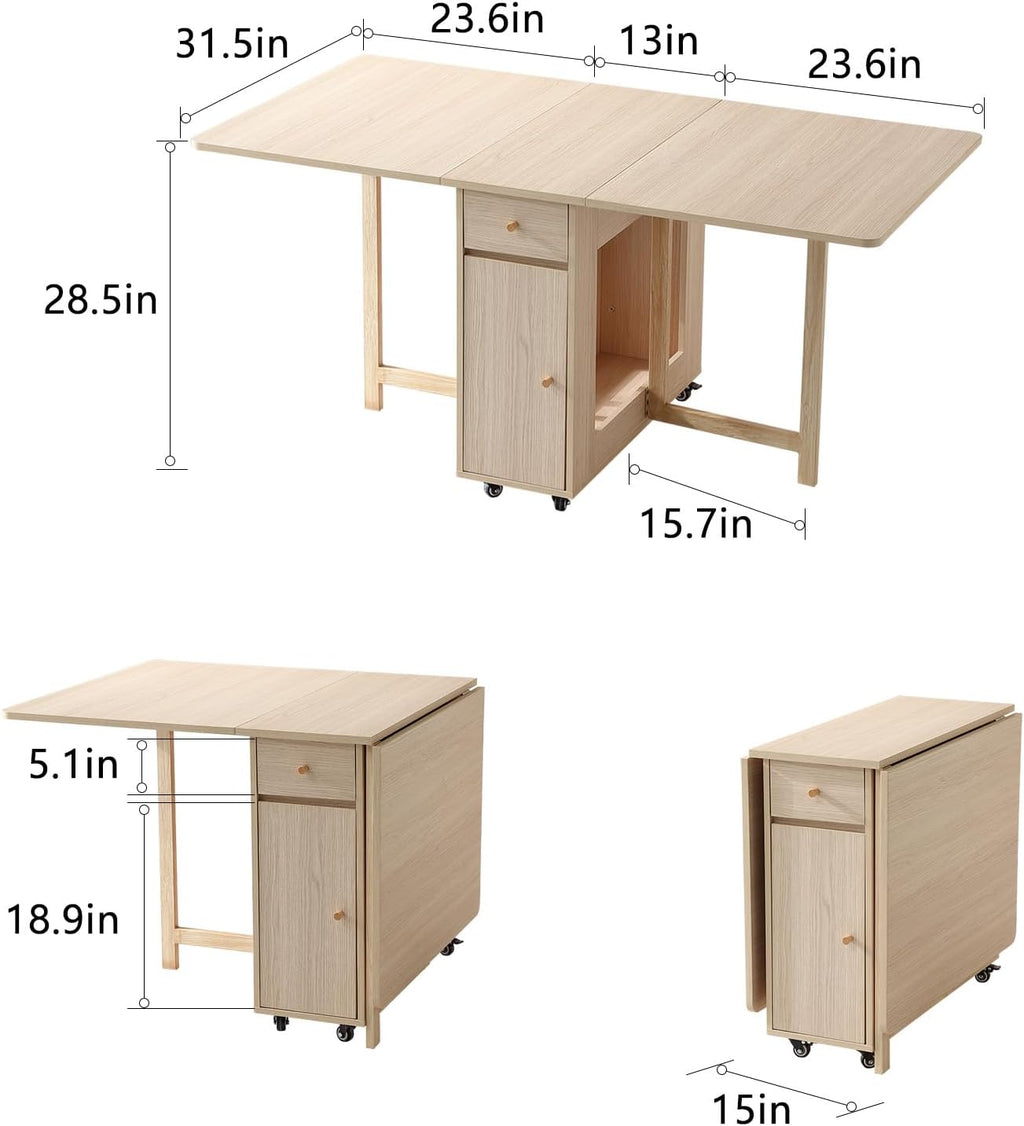 Extendable Drop Leaf Folding Dining Table with 2 Drawers and 4 Wheels for Living Room Kitchen Farmhouse Space Saving Table in Wood Color