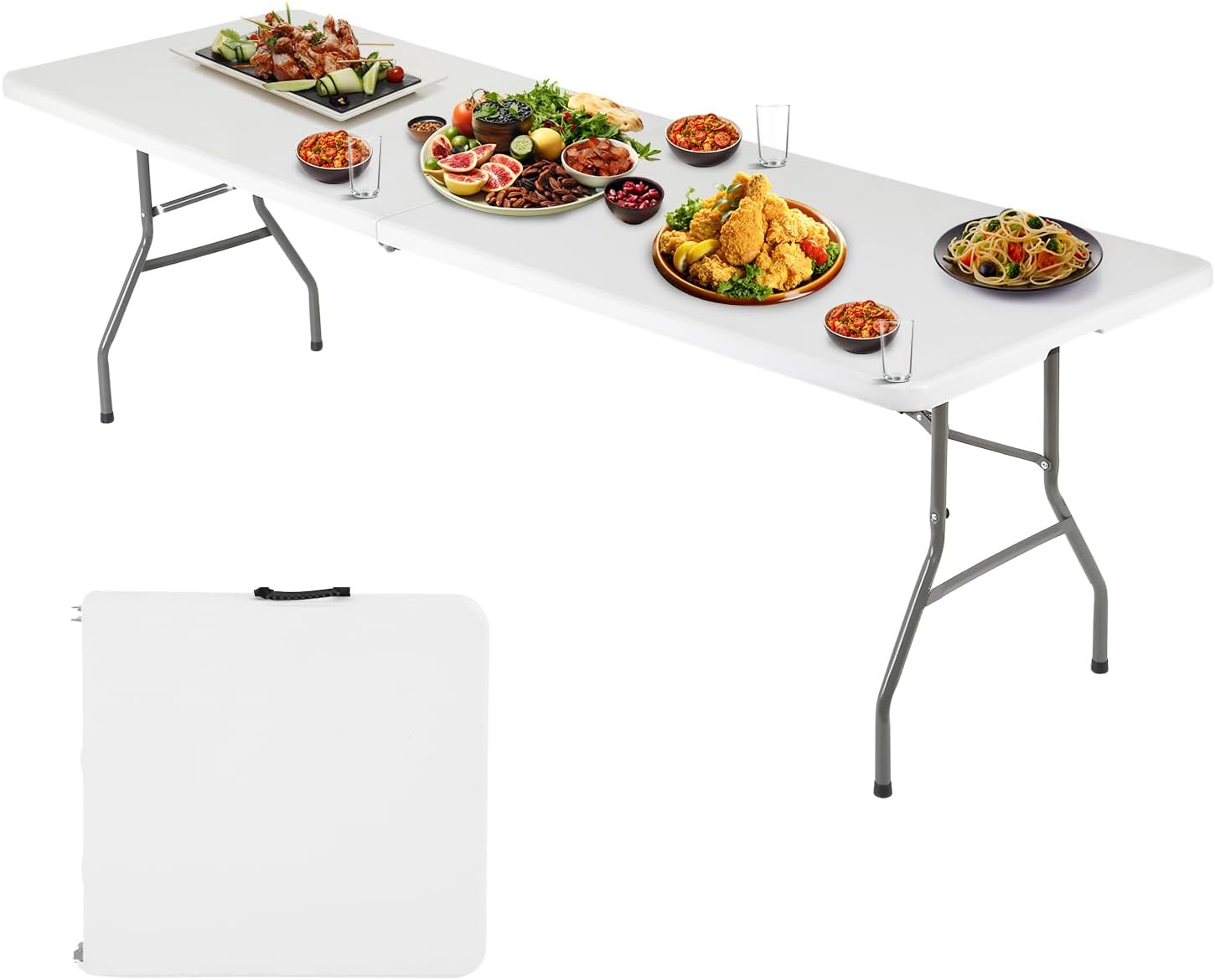 FDW 6FT Folding Table, Portable Fold-in-Half Plastic Picnic Party Table with Carrying Handle （White, 6FT）