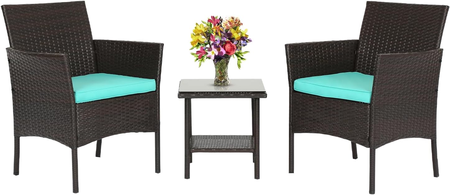 FDW Wicker Outdoor Furniture Patio Furniture Set of 3 Rattan Patio Chairs Outdoor Chairs Patio Conversation Set with Coffee Table for Yard Backyard Lawn Porch Poolside Balcony,Black