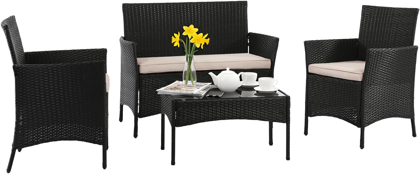 FDW Wicker Outdoor Furniture Patio Furniture Set of 3 Rattan Patio Chairs Outdoor Chairs Patio Conversation Set with Coffee Table for Yard Backyard Lawn Porch Poolside Balcony,Black