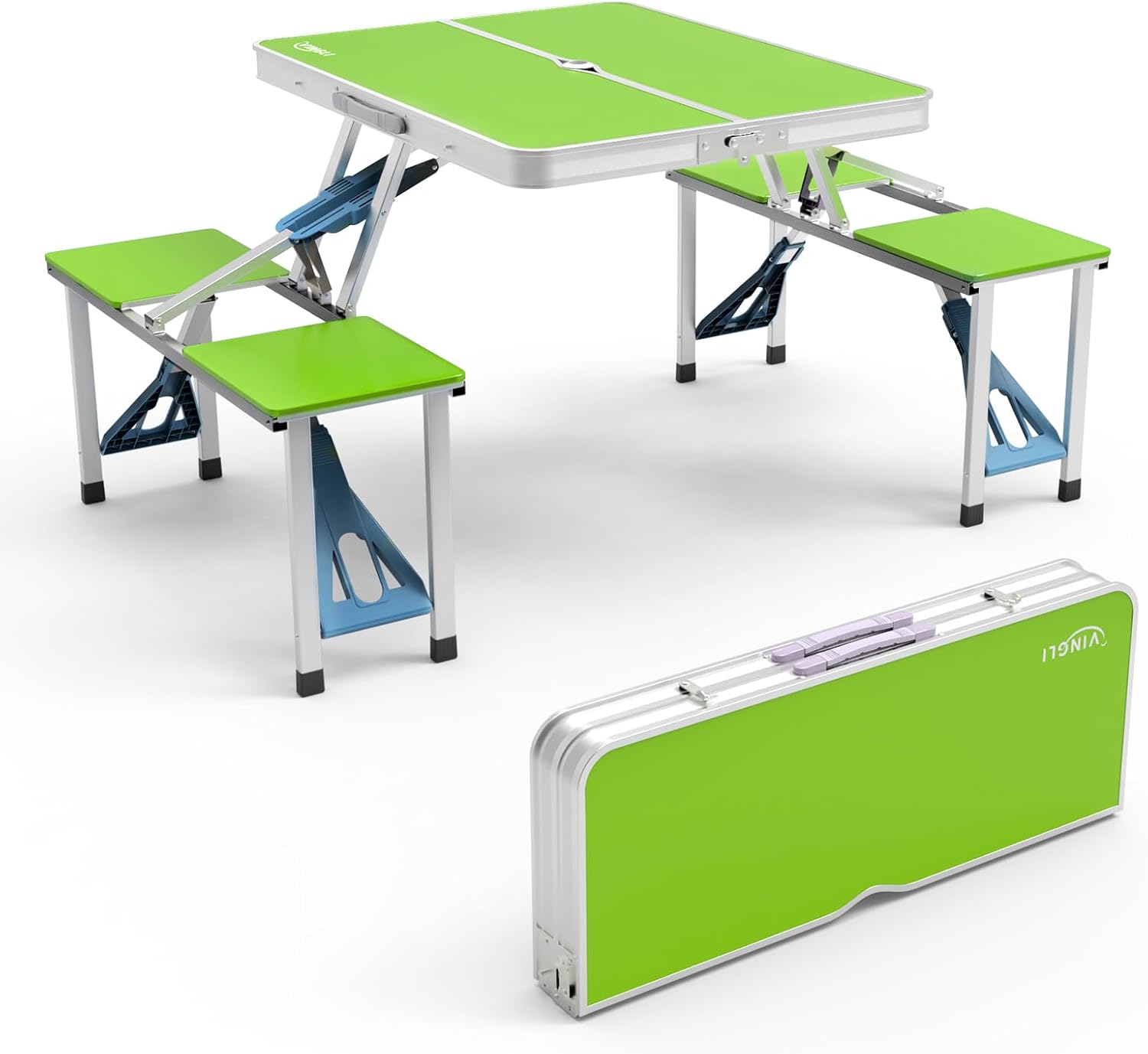 VINGLI 4Ft Folding Camping Picnic Table with Seats/Umbrella Hole-265 Lbs Support That Lightweight and Fold Up Card Suitcase Table Aluminum Alloy Frame, RV Tabletop with Soft Handl