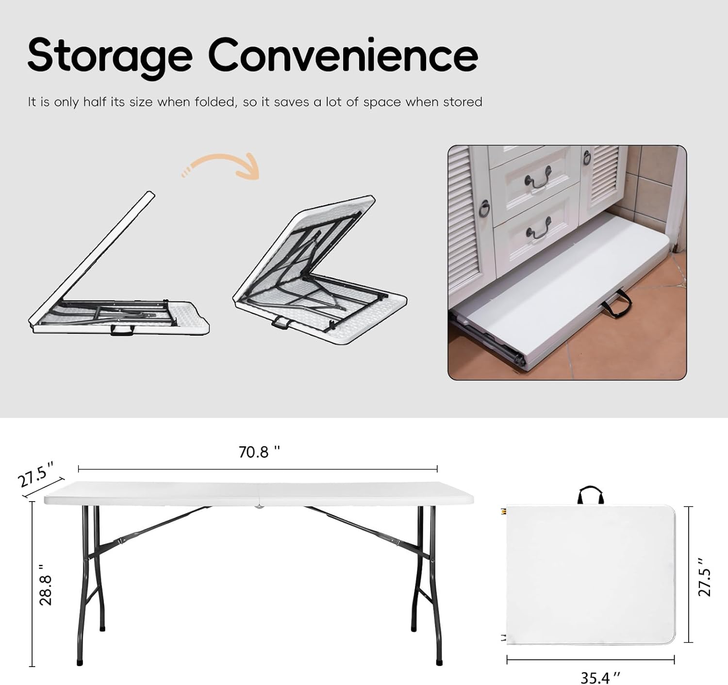 Folding Table 6 FT Plastic 6 Foot Foldable Table HDPE Portable Banquet Surface Fold-in-Half Desk Utility for Working Meeting,Parties, Picnic, Camping, Weddings, Catering, Garden Dining-White