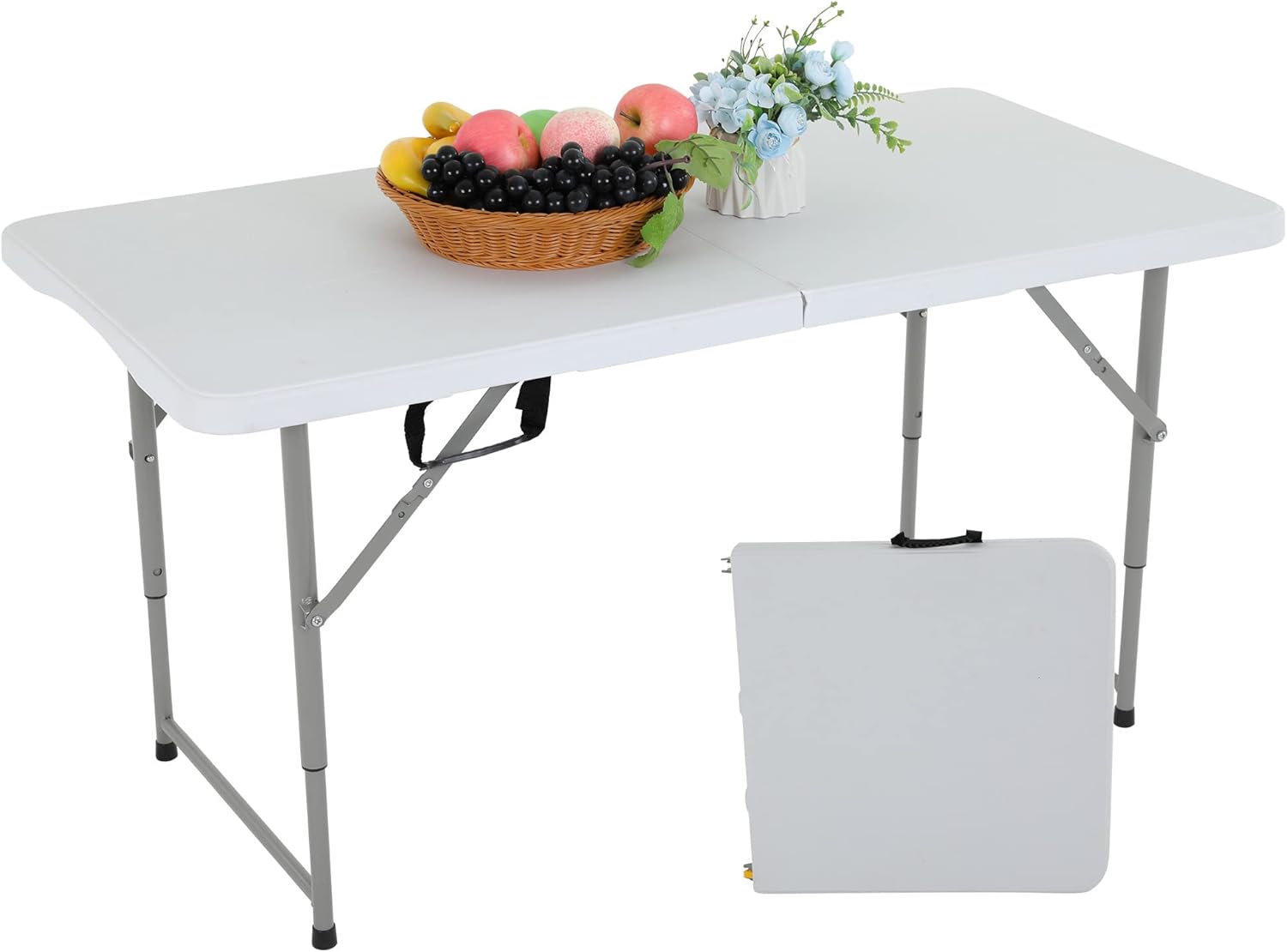 FDW 6FT Folding Table, Portable Fold-in-Half Plastic Picnic Party Table with Carrying Handle （White, 6FT）