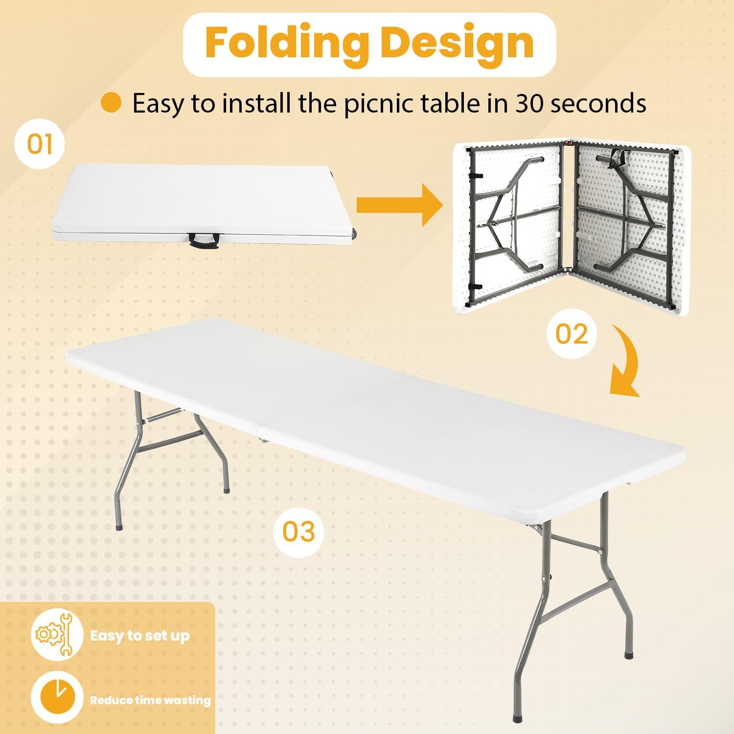 FDW 6FT Folding Table, Portable Fold-in-Half Plastic Picnic Party Table with Carrying Handle （White, 6FT）