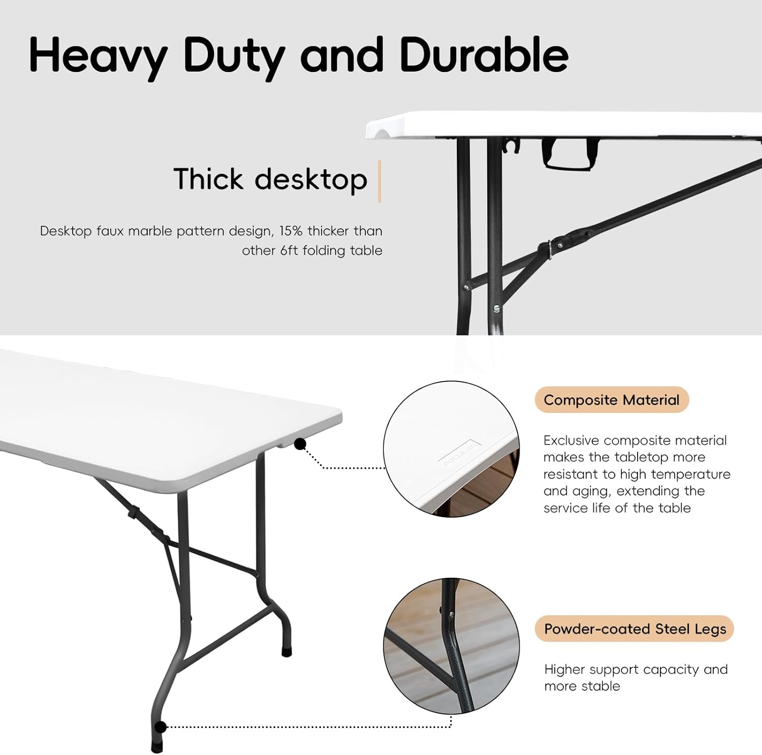 Folding Table 6 FT Plastic 6 Foot Foldable Table HDPE Portable Banquet Surface Fold-in-Half Desk Utility for Working Meeting,Parties, Picnic, Camping, Weddings, Catering, Garden Dining-White
