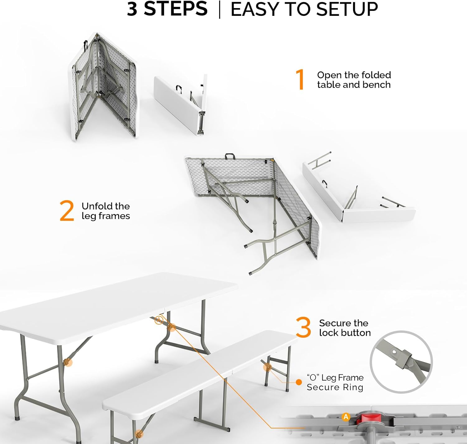 Bonnlo White Folding Picnic Table Set with 2 Benches, 6 Feet Camping Table Chair Set, Modern Portable 3-Piece Furniture for Indoor/Outdoor Use, White Folding Picnic Table with Smooth Tabletop