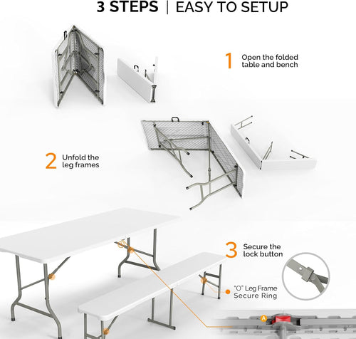 Bonnlo White Folding Picnic Table Set with 2 Benches, 6 Feet Camping Table Chair Set, Modern Portable 3-Piece Furniture for Indoor/Outdoor Use, White Folding Picnic Table with Smooth Tabletop