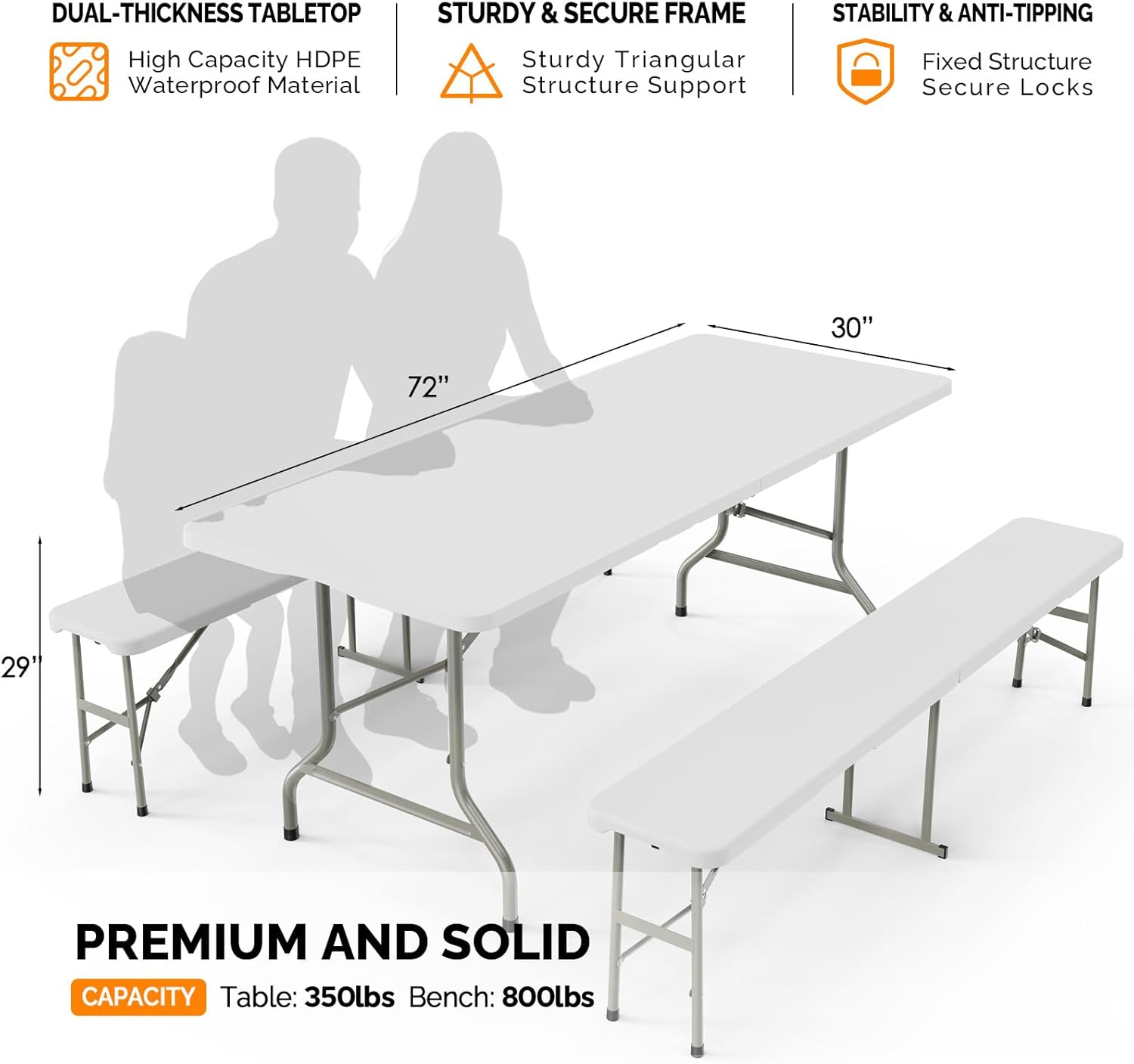 Bonnlo White Folding Picnic Table Set with 2 Benches, 6 Feet Camping Table Chair Set, Modern Portable 3-Piece Furniture for Indoor/Outdoor Use, White Folding Picnic Table with Smooth Tabletop
