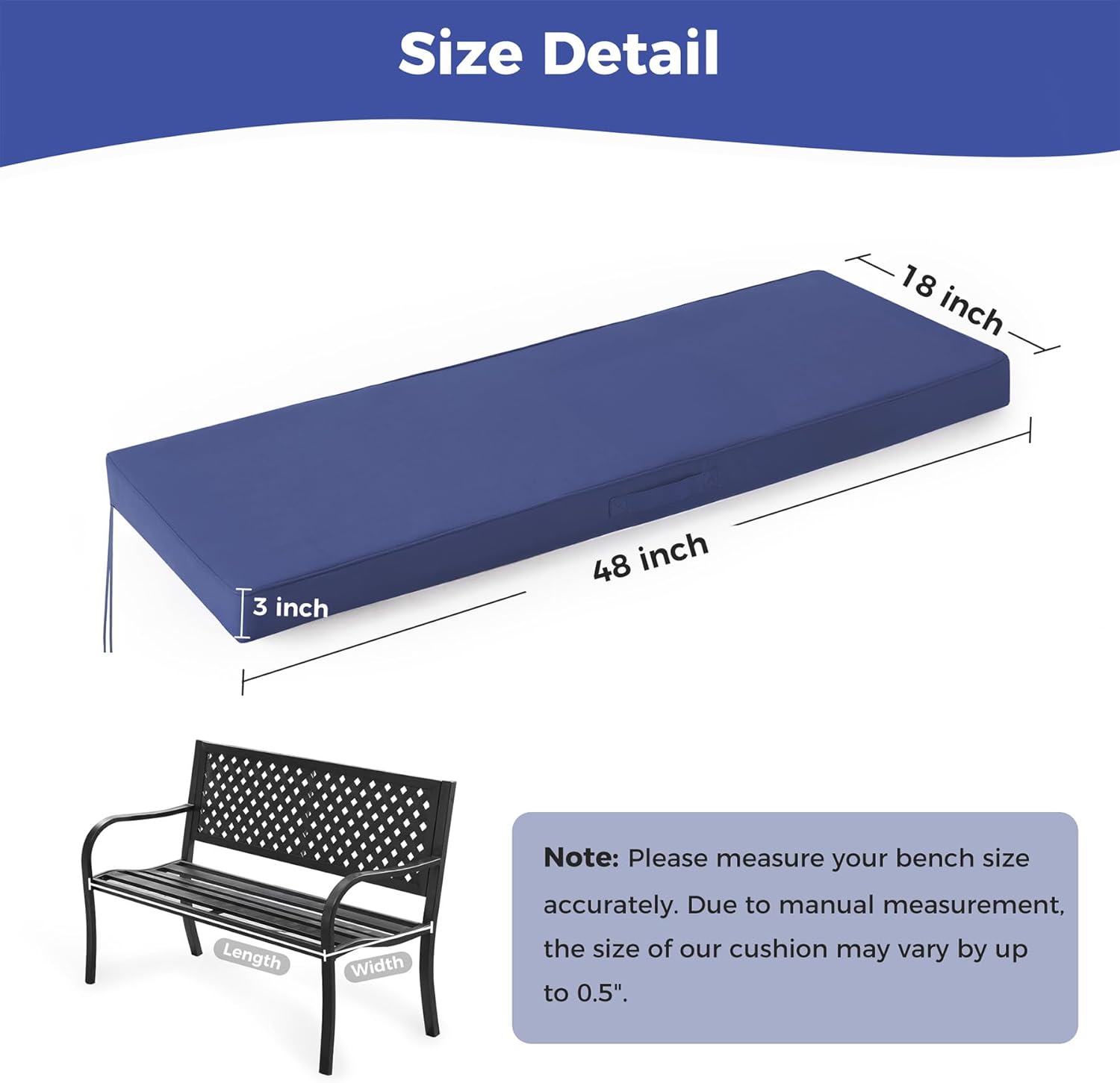 Outdoor Bench Cushions for Outdoor Furniture, 48x18x3 Inch, Waterproof Bench Pillow, Fade Resistant Long Bench Seat Pads for Garden, Indoor, Porch Swing, Navy Blue