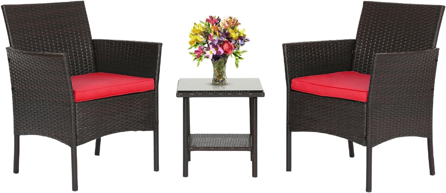 FDW Wicker Outdoor Furniture Patio Furniture Set of 3 Rattan Patio Chairs Outdoor Chairs Patio Conversation Set with Coffee Table for Yard Backyard Lawn Porch Poolside Balcony,Black