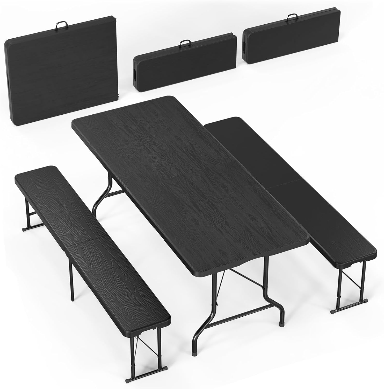 Bonnlo White Folding Picnic Table Set with 2 Benches, 6 Feet Camping Table Chair Set, Modern Portable 3-Piece Furniture for Indoor/Outdoor Use, White Folding Picnic Table with Smooth Tabletop