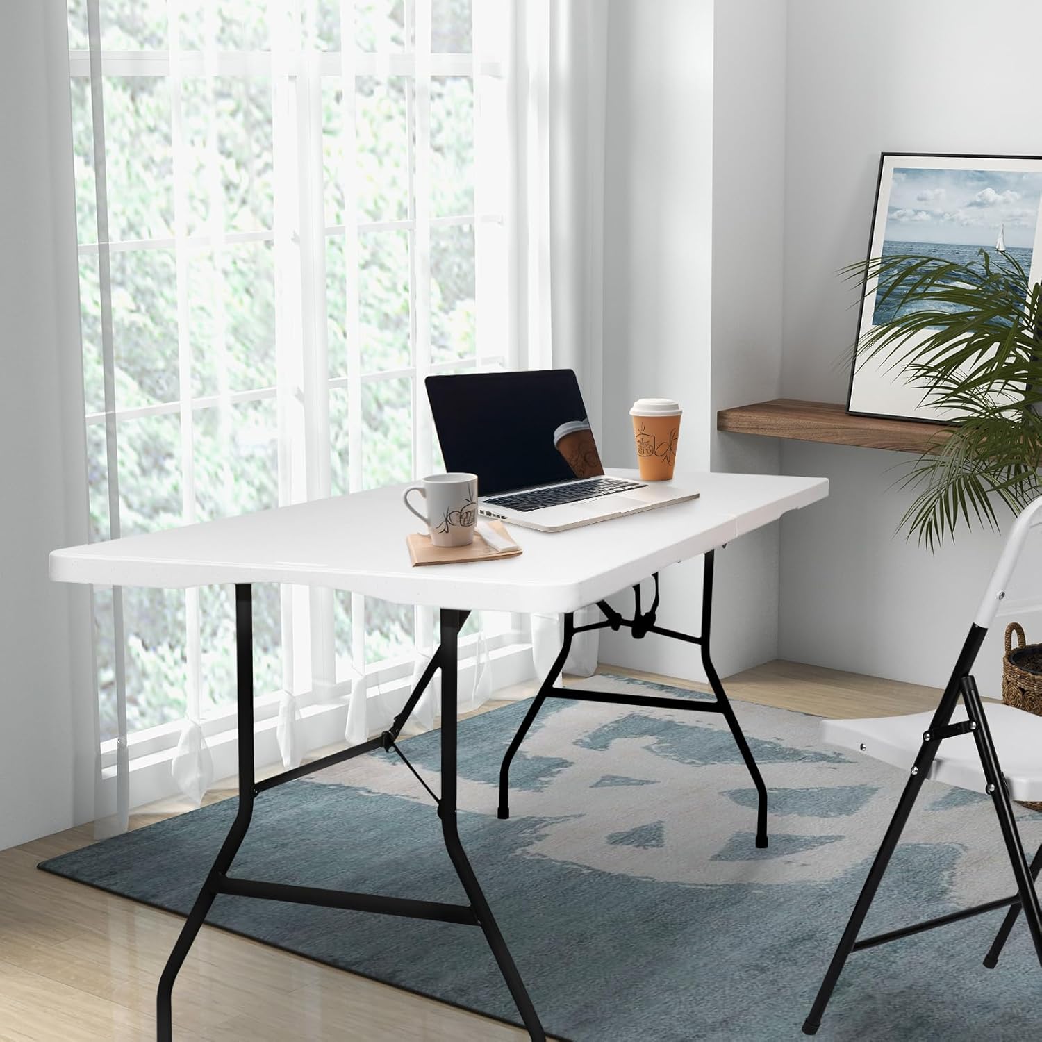 Folding Table 6 FT Plastic 6 Foot Foldable Table HDPE Portable Banquet Surface Fold-in-Half Desk Utility for Working Meeting,Parties, Picnic, Camping, Weddings, Catering, Garden Dining-White