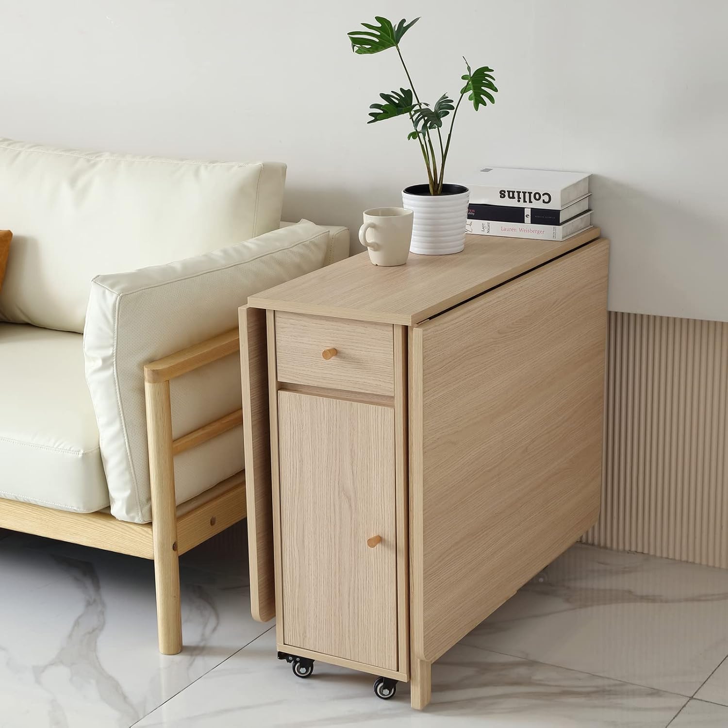 Extendable Drop Leaf Folding Dining Table with 2 Drawers and 4 Wheels for Living Room Kitchen Farmhouse Space Saving Table in Wood Color