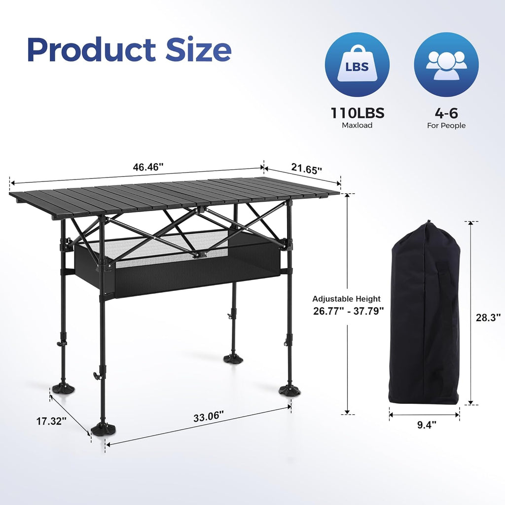 ALPHA CAMP Portable Camping Table, Adjustable Aluminum Folding Table for Picnic, BBQ, Outdoor, Black, 21.65D x 33.07W x 26.77H in