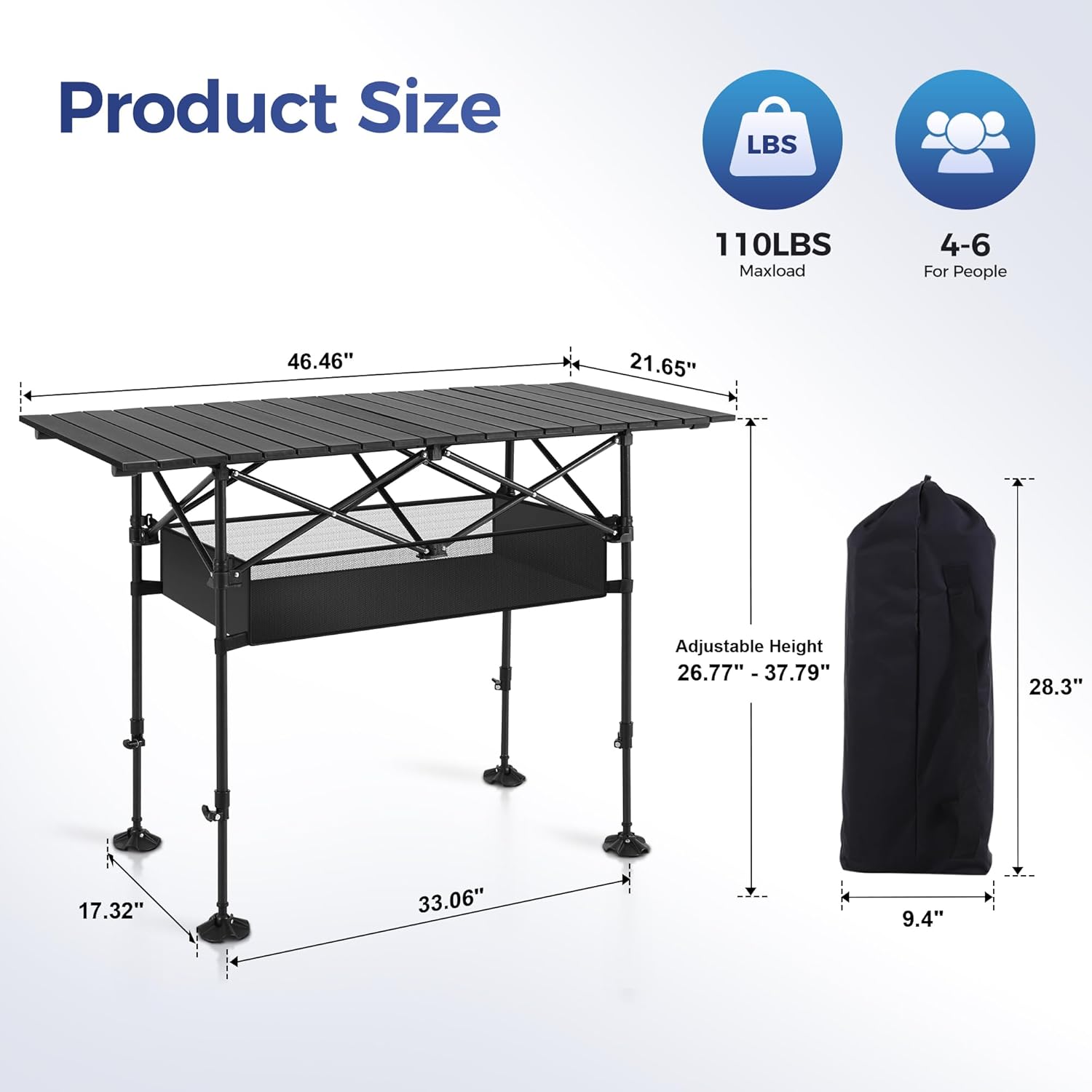 ALPHA CAMP Portable Camping Table, Adjustable Aluminum Folding Table for Picnic, BBQ, Outdoor, Black, 21.65D x 33.07W x 26.77H in