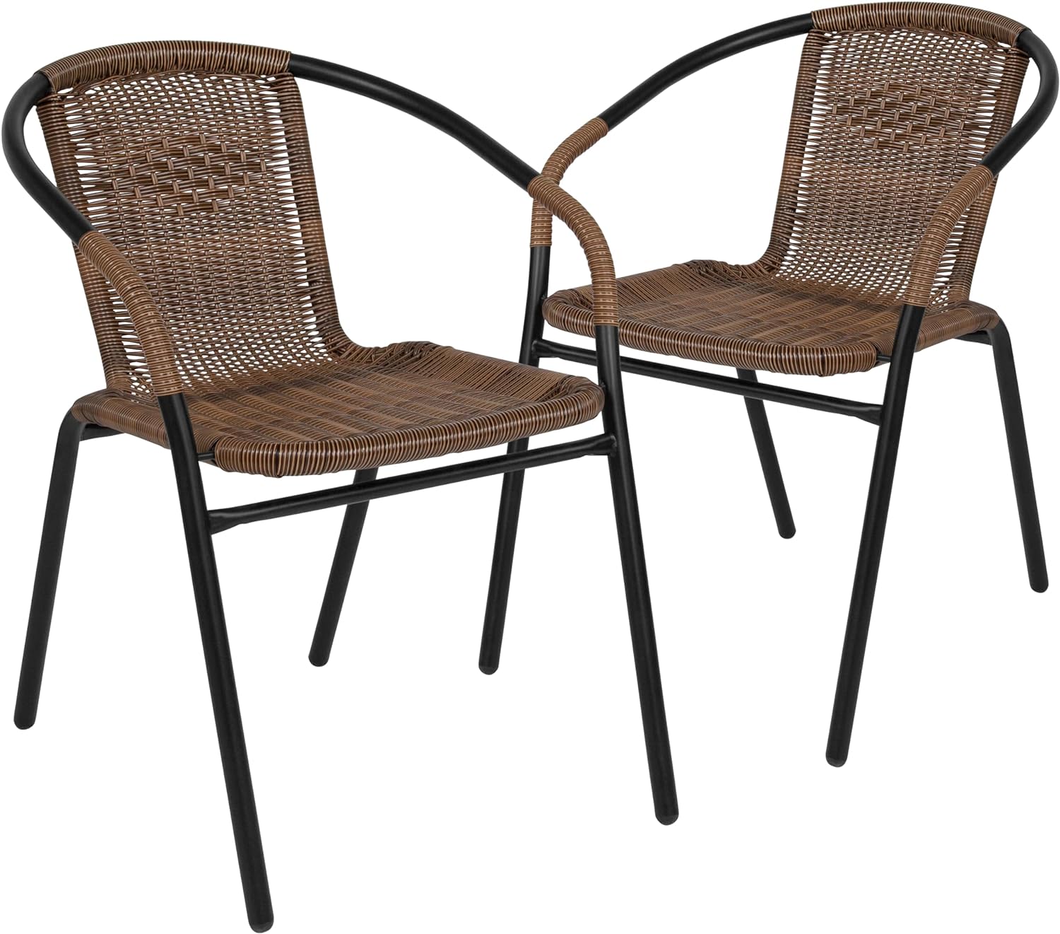 EMMA + OLIVER Set of 2 Modern Rattan Indoor/Outdoor Stack Chairs, Stacking Rattan Patio Chairs with Curved Back and Cross Bracing, Brown