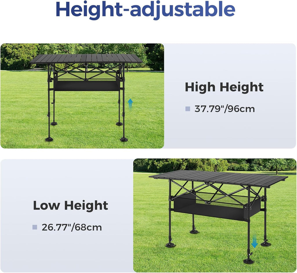 ALPHA CAMP Portable Camping Table, Adjustable Aluminum Folding Table for Picnic, BBQ, Outdoor, Black, 21.65D x 33.07W x 26.77H in
