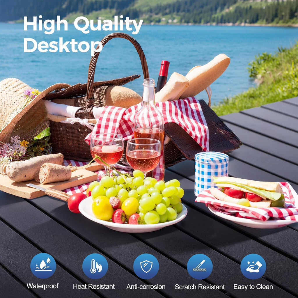 ALPHA CAMP Portable Camping Table, Adjustable Aluminum Folding Table for Picnic, BBQ, Outdoor, Black, 21.65D x 33.07W x 26.77H in