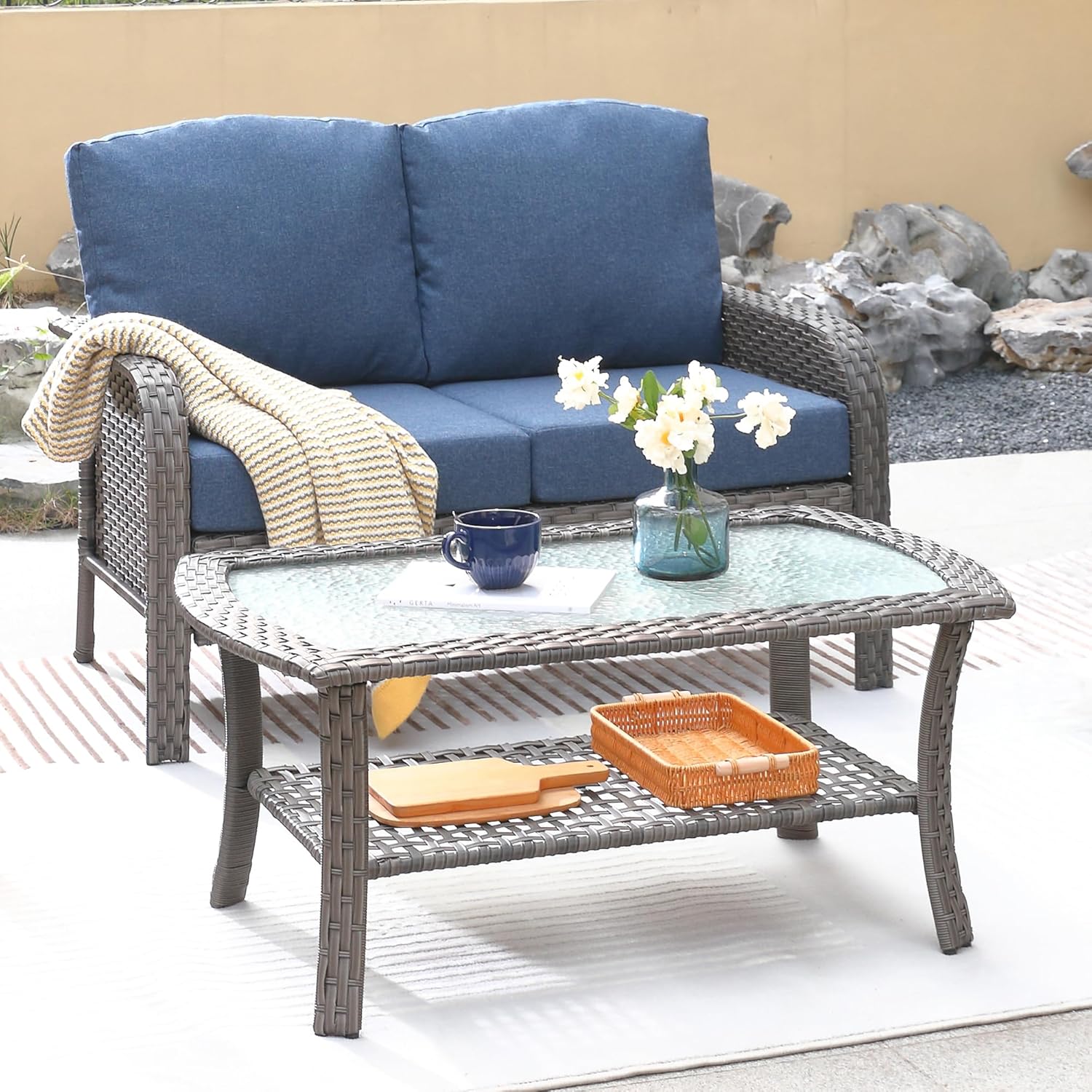 ovios 2 Pieces Patio Furniture Set, Outdoor Wicker Chairs of 2, All Weather High Back Rattan Chairs 2-Seater with Comfy Cushions for Porch Deck, Denim Blue