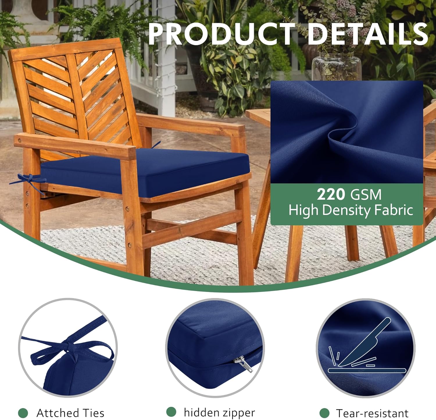 Outdoor Chair Cushions Set of 4: Waterproof & Fade Resistant Seat Cushion for Patio Furniture - 18.5 x 16 x 2 Inch Chair Pads with Ties and Hidden Zipper - Patio Chair Cushion Replacement, Navy