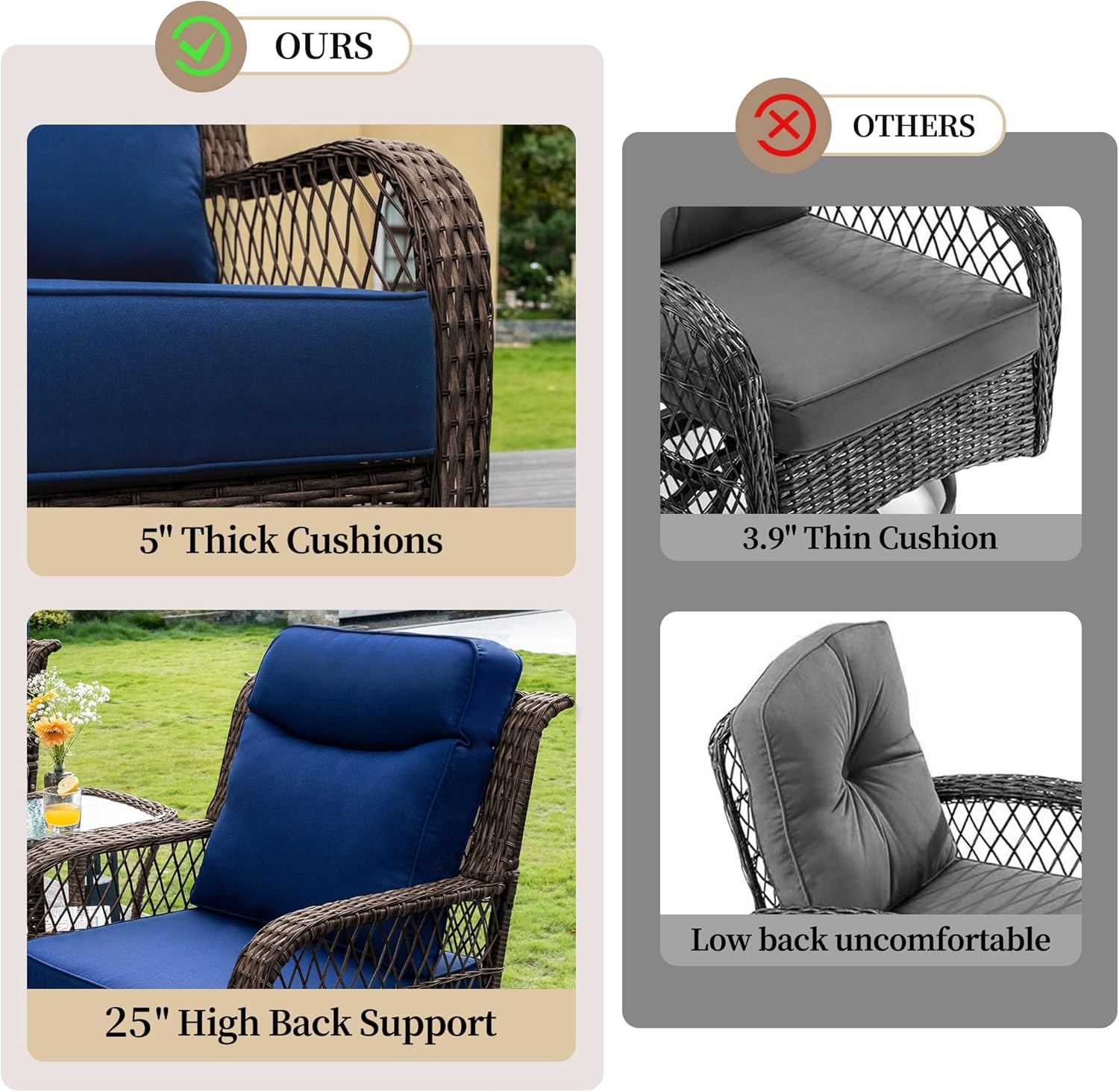 PIZZELLO Outdoor Swivel Rocker Chairs 3 Pieces Wicker Swivel Patio Chair with Rattan Side Table, 5" Extra Thick Cushions and 25" Full Support Back, Patio Furniture Set for Outside Porch Deck