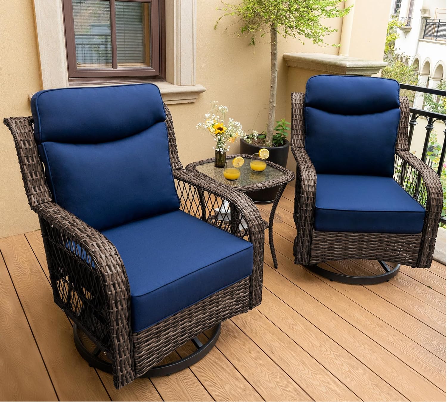 PIZZELLO Outdoor Swivel Rocker Chairs 3 Pieces Wicker Swivel Patio Chair with Rattan Side Table, 5" Extra Thick Cushions and 25" Full Support Back, Patio Furniture Set for Outside Porch Deck