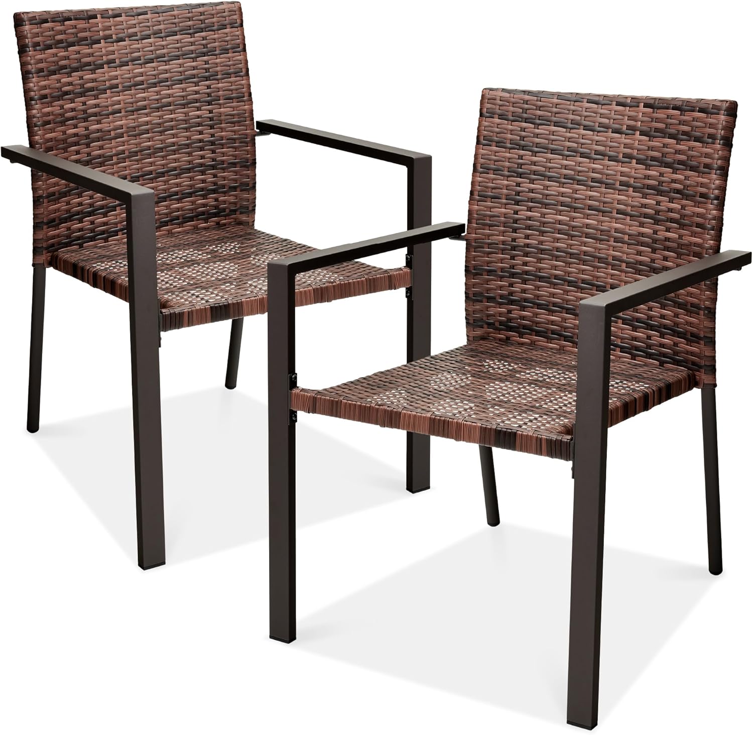 Best Choice Products Set of 2 Stackable Outdoor Wicker Dining Chairs All-Weather Firepit Armchair w/Armrests, Steel Frame for Patio, Deck, Garden, Yard - Brown