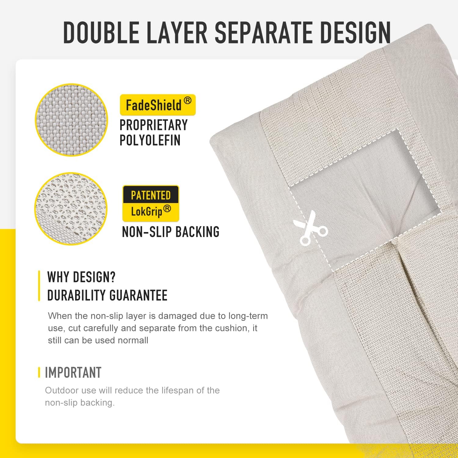 SUNROX LokGrip Non Slip Tufted Memory Foam Bench Cushion, FadeShield Water Resistant Durable Thicken Outdoor/Indoor Bench Seat Pads 42x16x4 inch, Cream