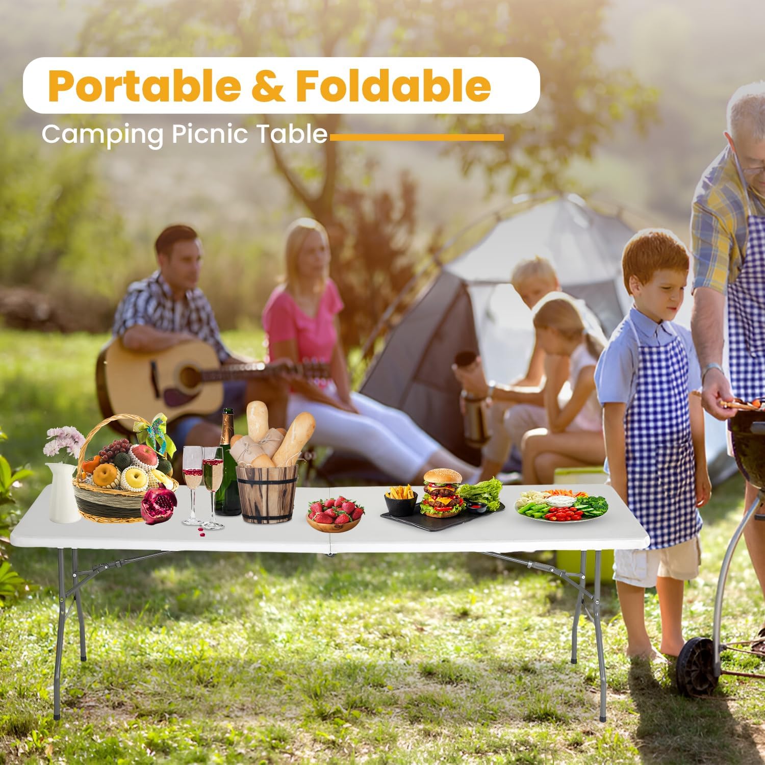 FDW 6FT Folding Table, Portable Fold-in-Half Plastic Picnic Party Table with Carrying Handle （White, 6FT）
