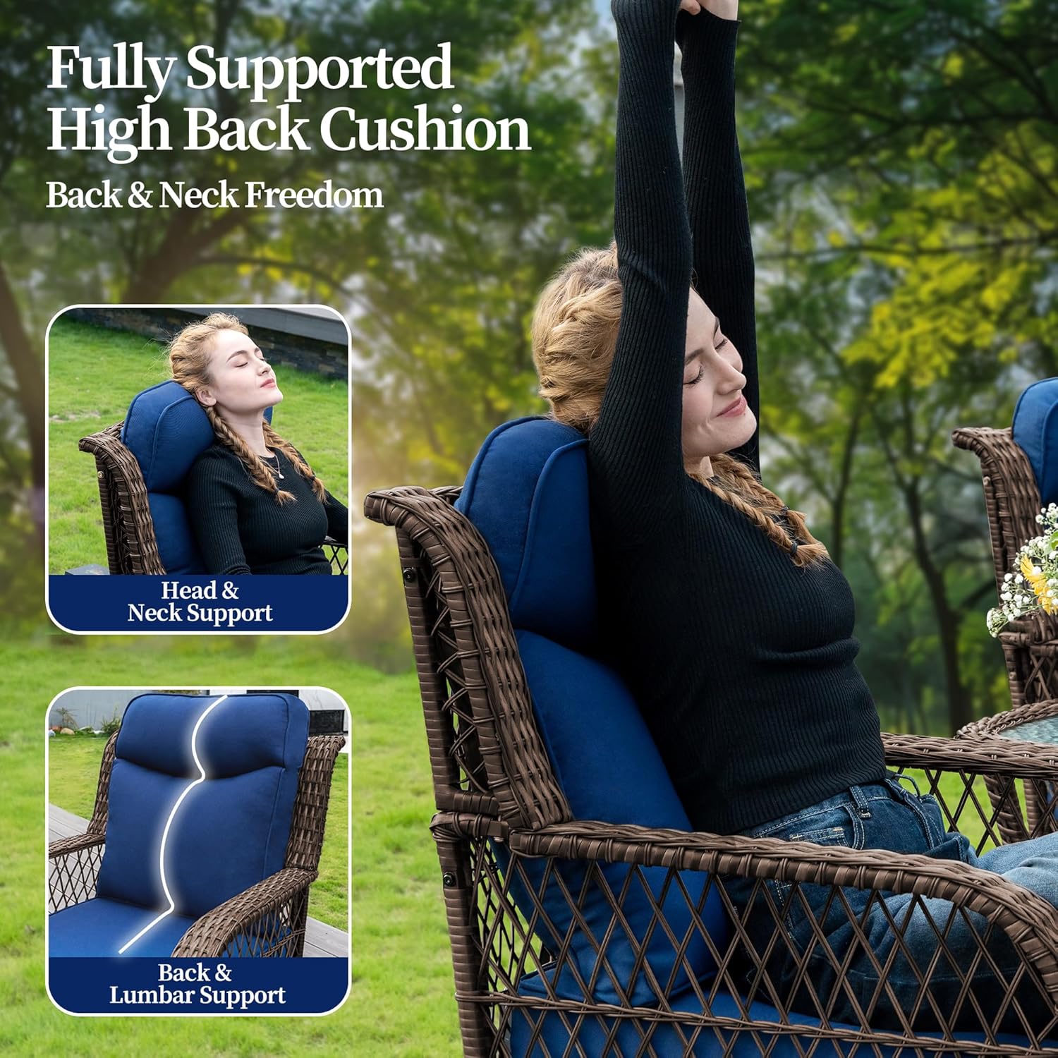 PIZZELLO Outdoor Swivel Rocker Chairs 3 Pieces Wicker Swivel Patio Chair with Rattan Side Table, 5" Extra Thick Cushions and 25" Full Support Back, Patio Furniture Set for Outside Porch Deck