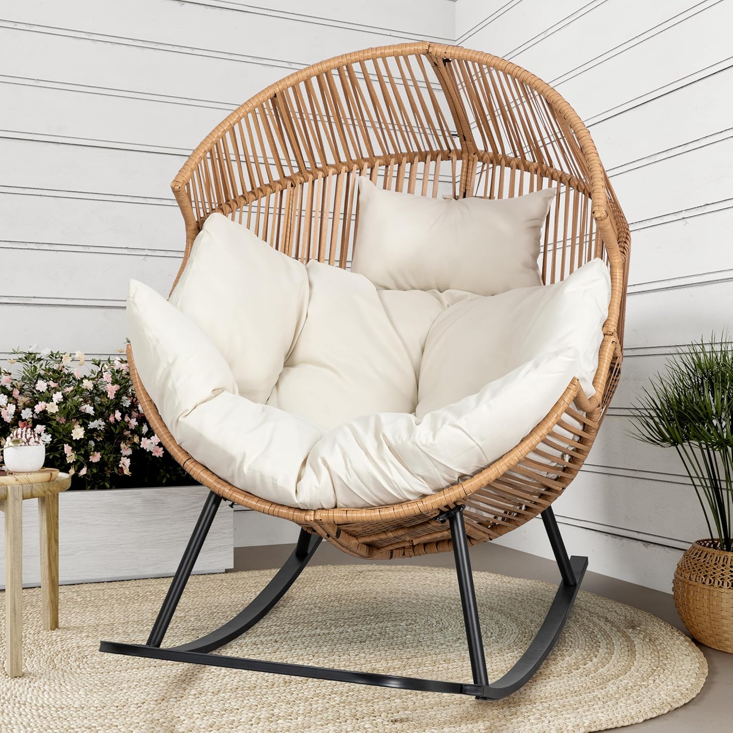 Shintenchi Wicker Egg Chair Outdoor Rattan Patio Chair with Cushion,Oversized Patio Lounge Chairs with Cushion Egg Basket Chair, Egg Seat for Indoor Living Room Bedroom Outside Patio Backyard Balcony