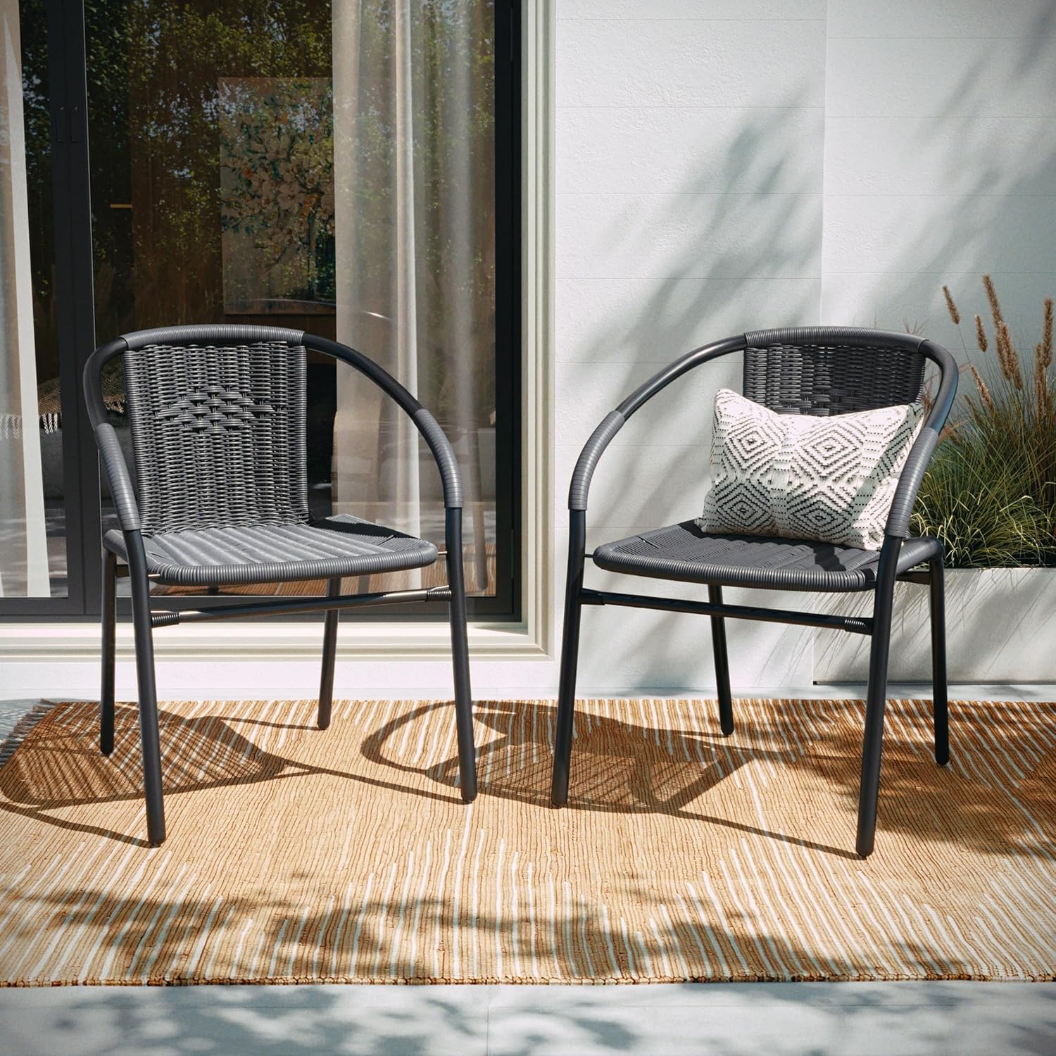 EMMA + OLIVER Set of 2 Modern Rattan Indoor/Outdoor Stack Chairs, Stacking Rattan Patio Chairs with Curved Back and Cross Bracing, Brown