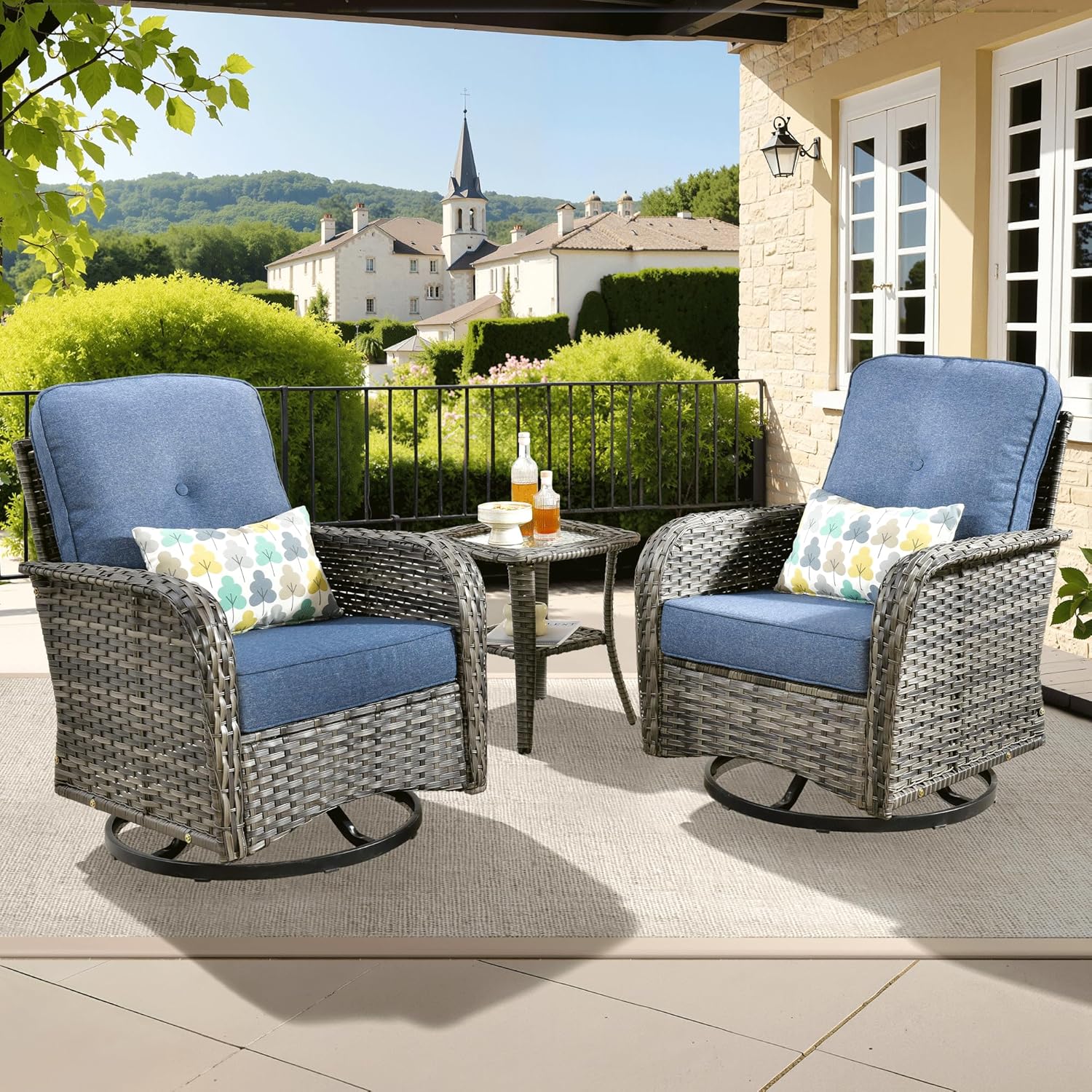 ovios 2 Pieces Patio Furniture Set, Outdoor Wicker Chairs of 2, All Weather High Back Rattan Chairs 2-Seater with Comfy Cushions for Porch Deck, Denim Blue