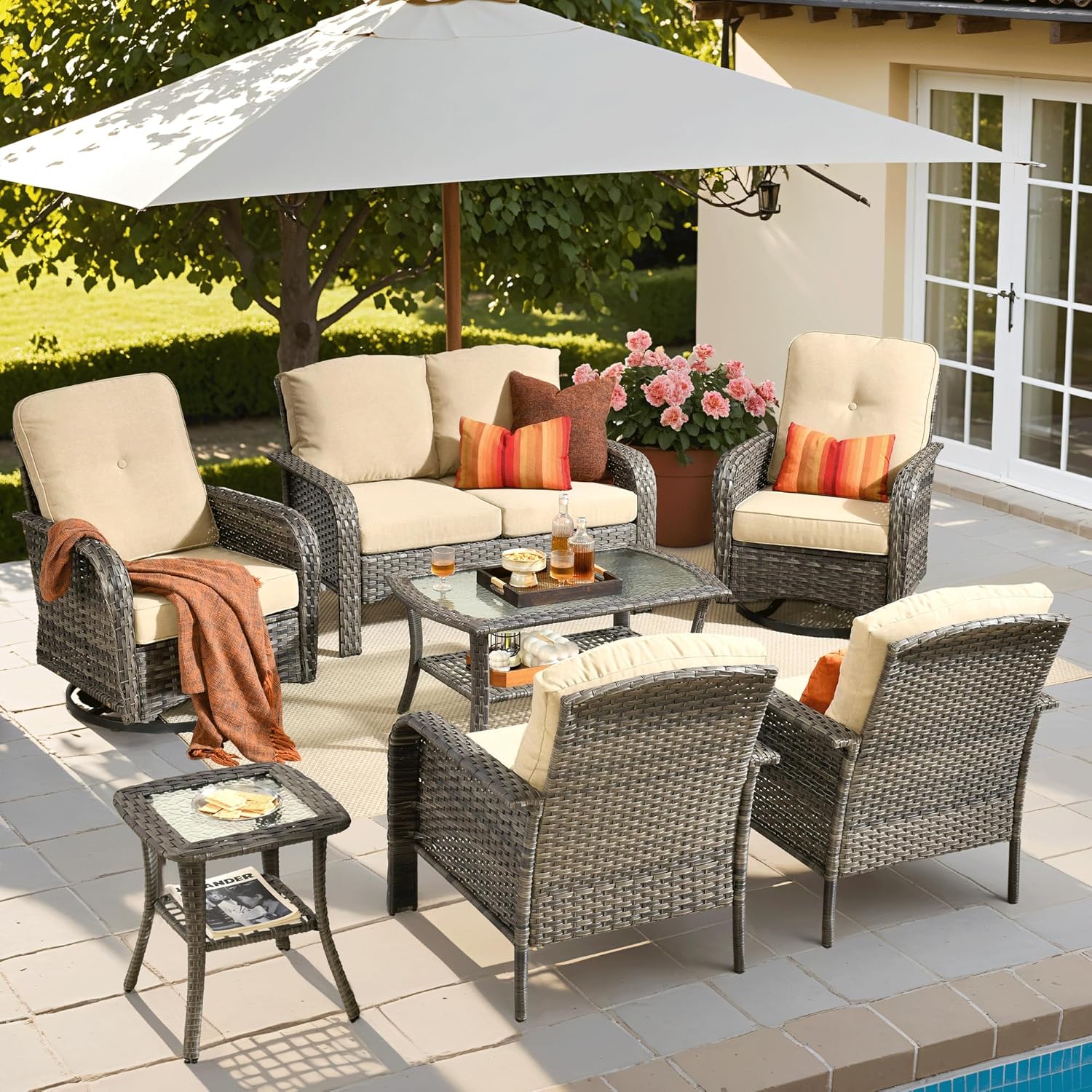 ovios 2 Pieces Patio Furniture Set, Outdoor Wicker Chairs of 2, All Weather High Back Rattan Chairs 2-Seater with Comfy Cushions for Porch Deck, Denim Blue