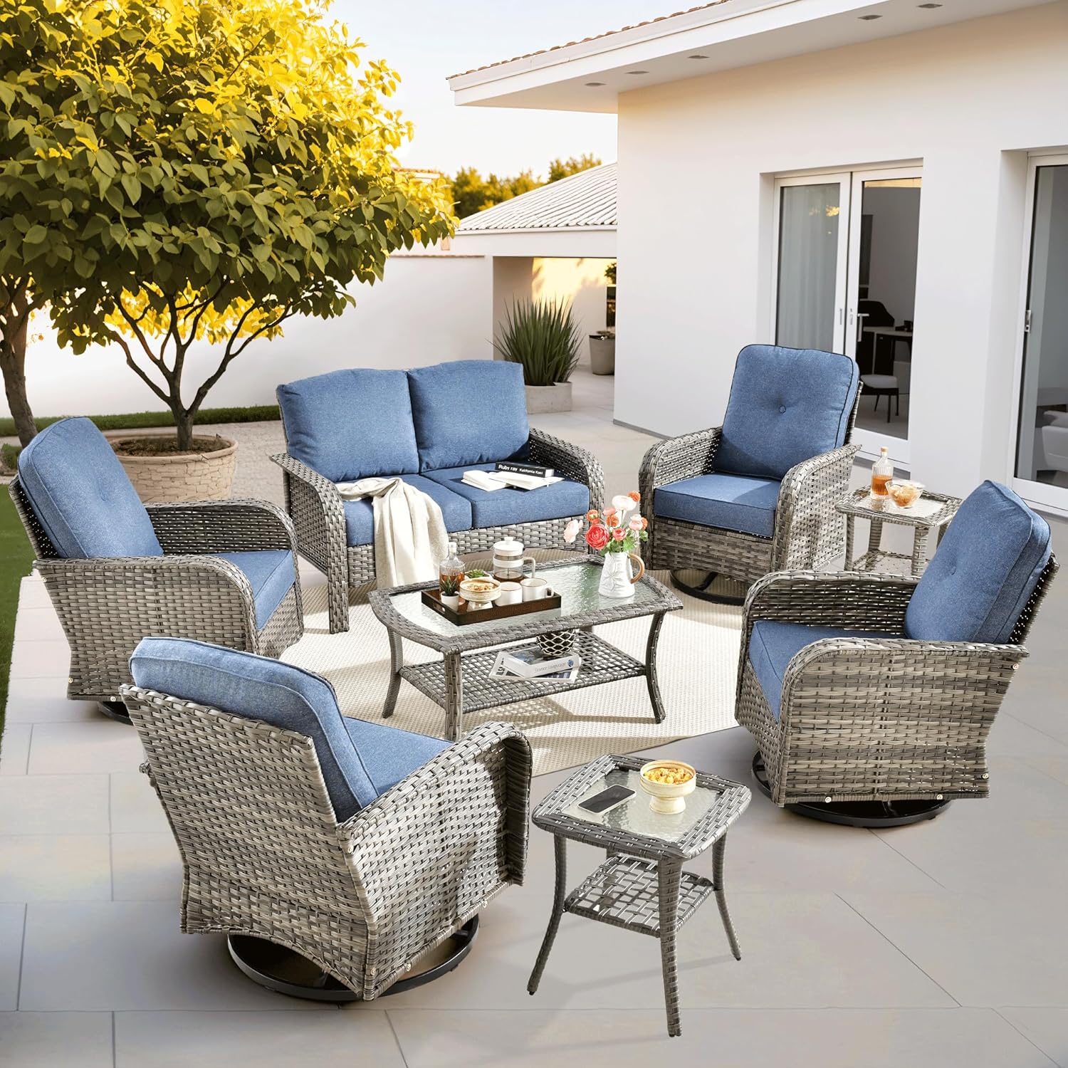 ovios 2 Pieces Patio Furniture Set, Outdoor Wicker Chairs of 2, All Weather High Back Rattan Chairs 2-Seater with Comfy Cushions for Porch Deck, Denim Blue