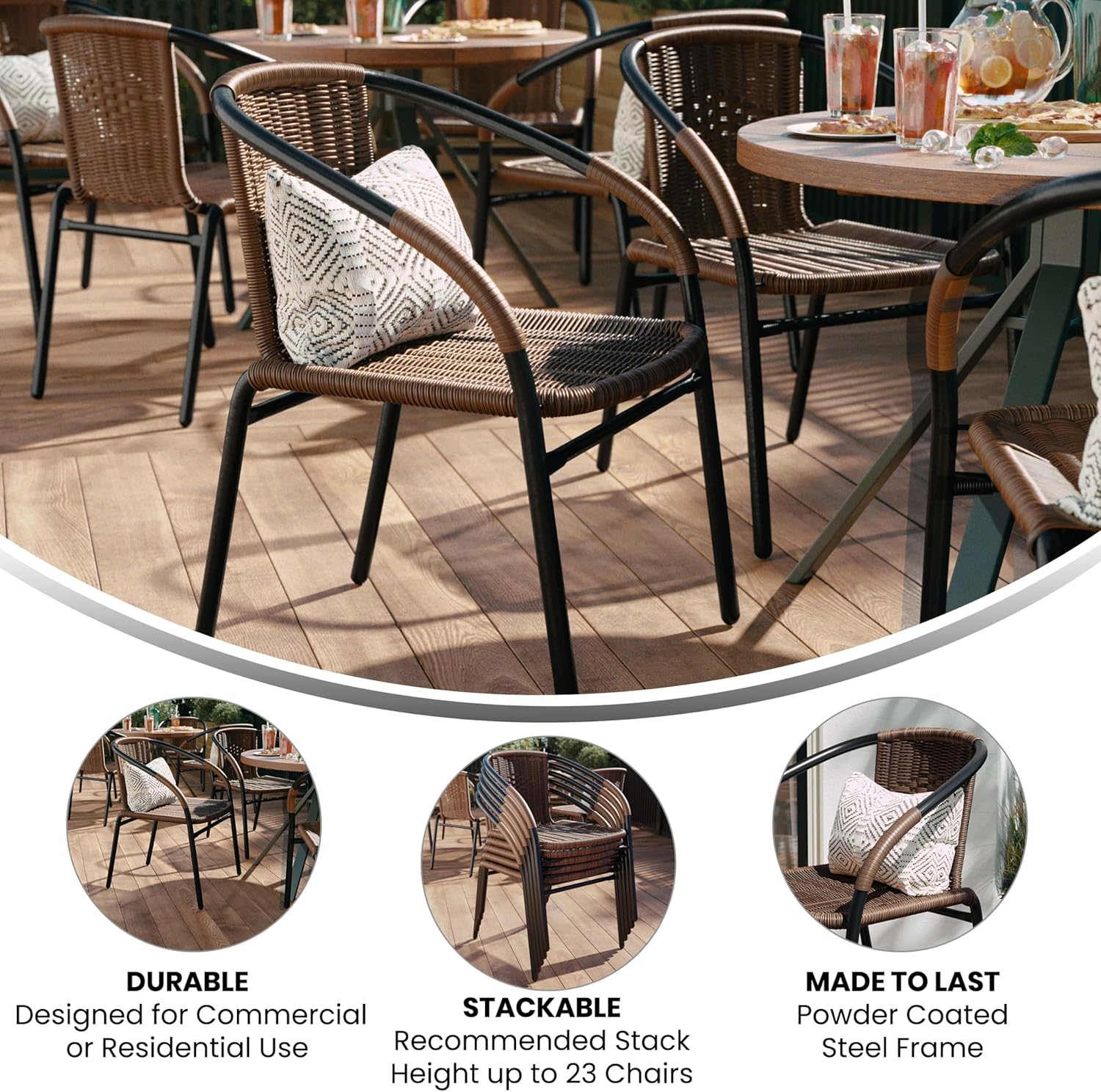 Flash Furniture Lila Modern Rattan Indoor/Outdoor Stackable Dining Chairs, Stacking Rattan Bistro Chairs for Patio or Restaurant, Set of 2, Brown