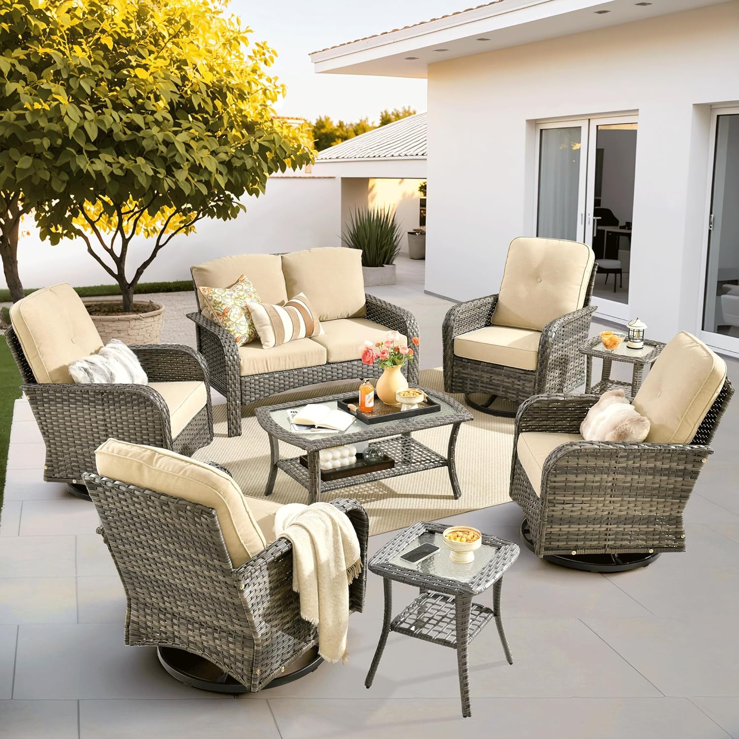 ovios 2 Pieces Patio Furniture Set, Outdoor Wicker Chairs of 2, All Weather High Back Rattan Chairs 2-Seater with Comfy Cushions for Porch Deck, Denim Blue