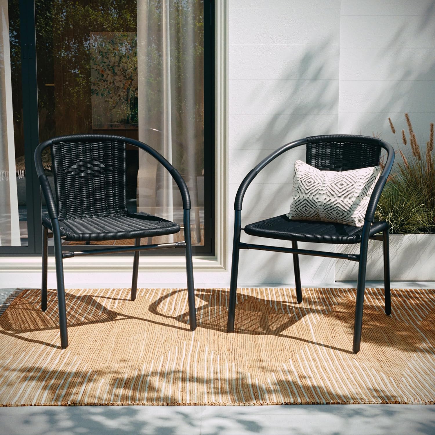 EMMA + OLIVER Set of 2 Modern Rattan Indoor/Outdoor Stack Chairs, Stacking Rattan Patio Chairs with Curved Back and Cross Bracing, Brown