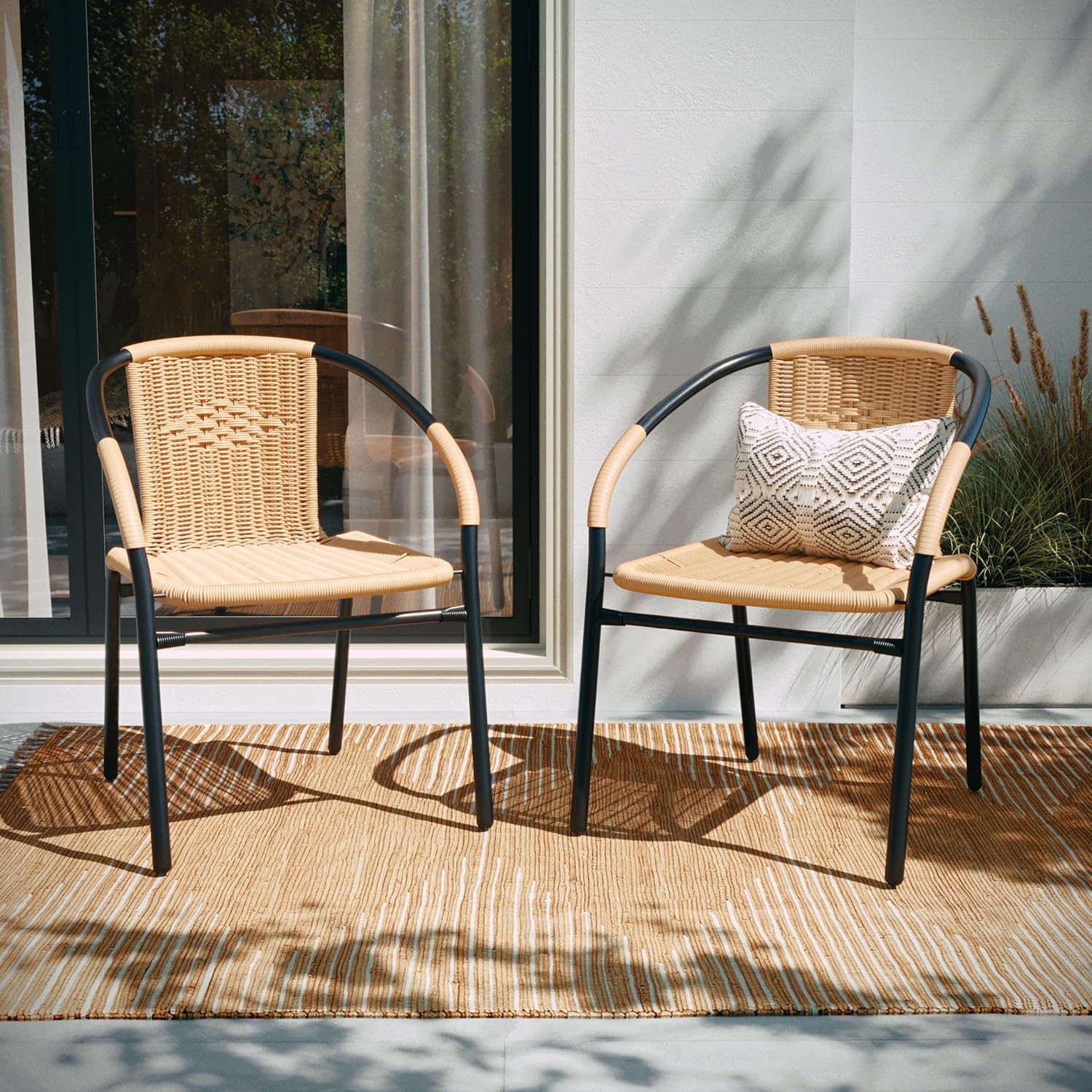 EMMA + OLIVER Set of 2 Modern Rattan Indoor/Outdoor Stack Chairs, Stacking Rattan Patio Chairs with Curved Back and Cross Bracing, Brown