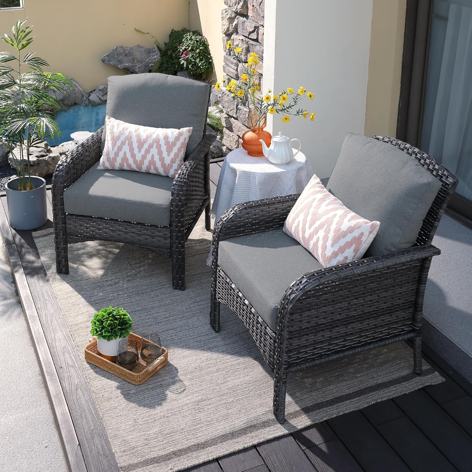 ovios 2 Pieces Patio Furniture Set, Outdoor Wicker Chairs of 2, All Weather High Back Rattan Chairs 2-Seater with Comfy Cushions for Porch Deck, Denim Blue