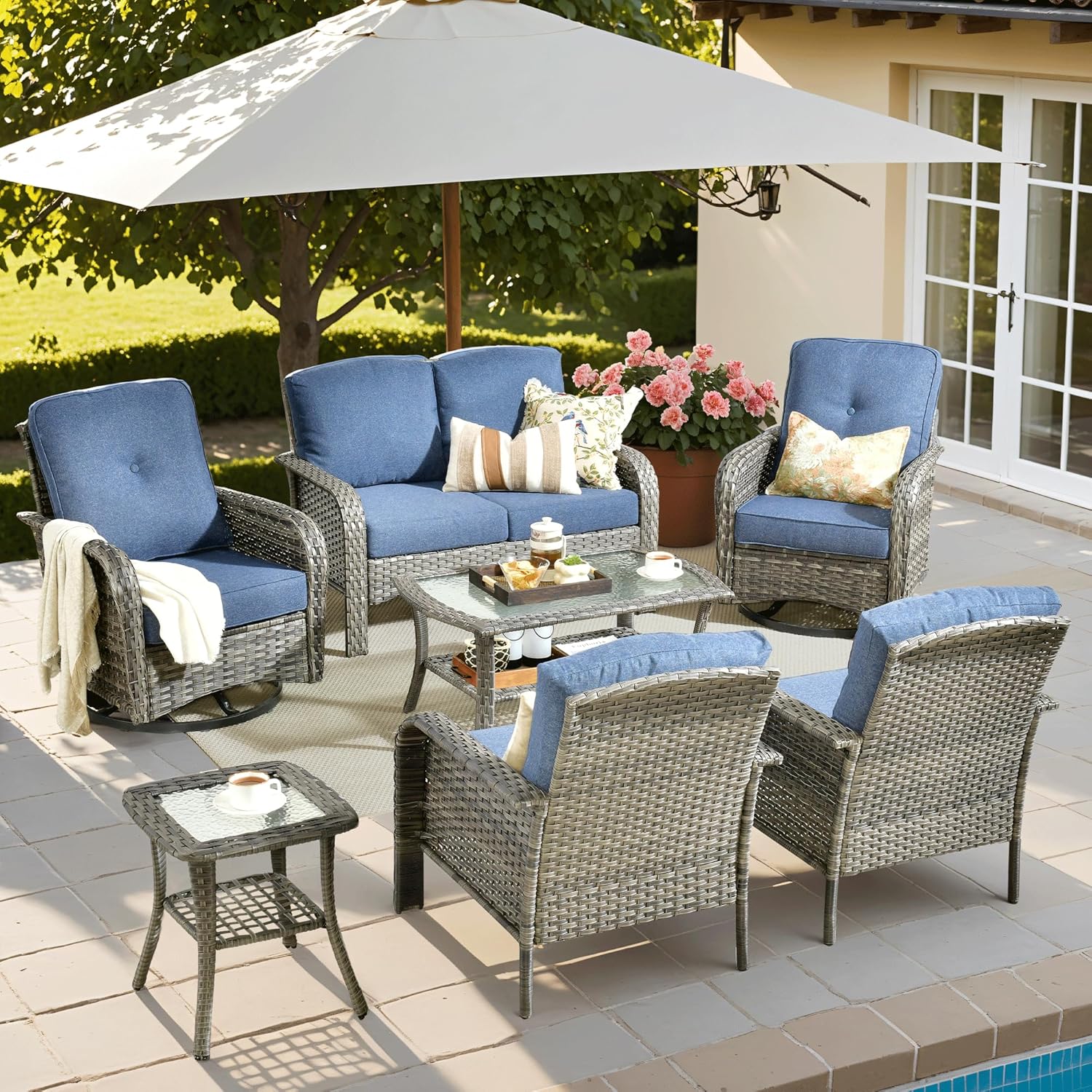 ovios 2 Pieces Patio Furniture Set, Outdoor Wicker Chairs of 2, All Weather High Back Rattan Chairs 2-Seater with Comfy Cushions for Porch Deck, Denim Blue
