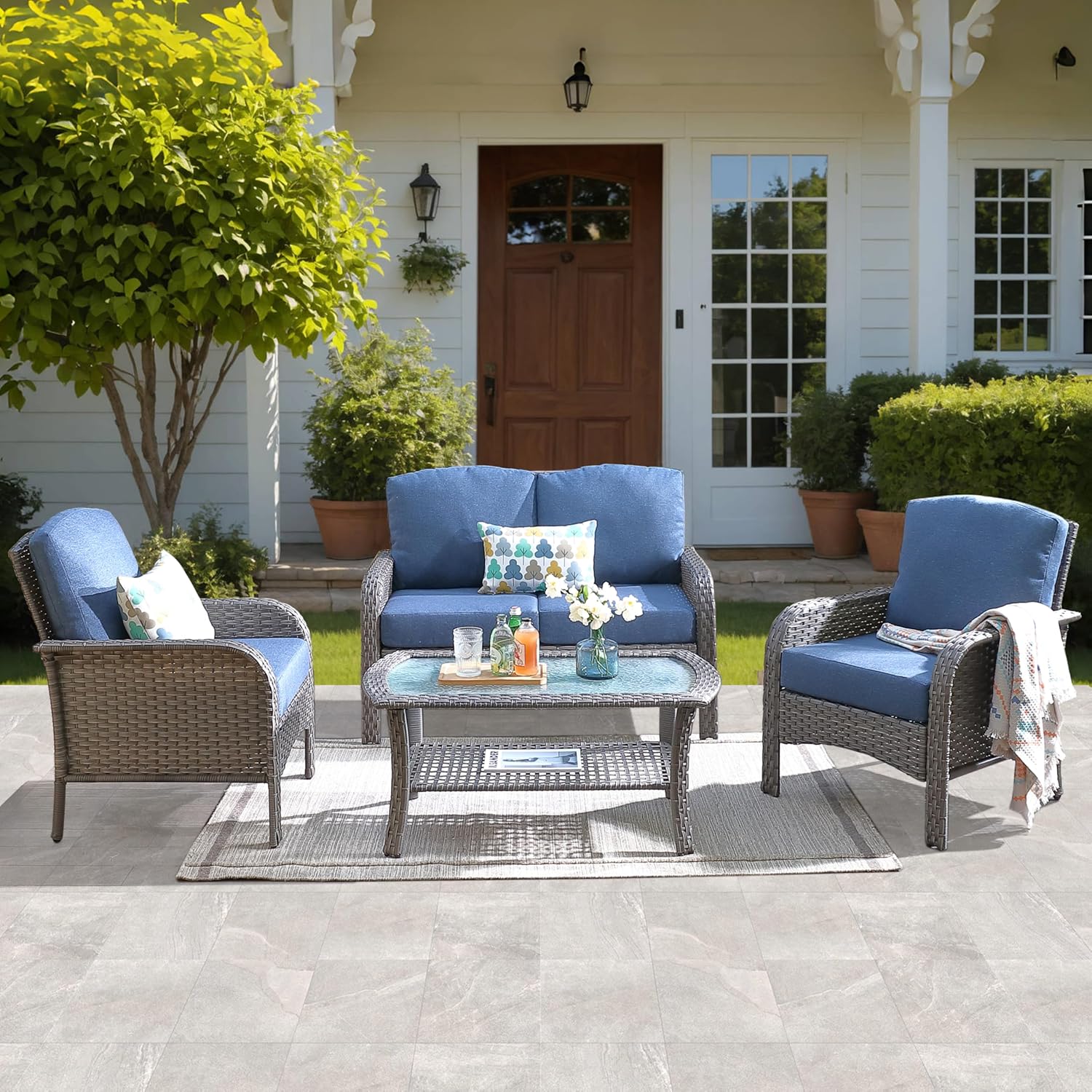 ovios 2 Pieces Patio Furniture Set, Outdoor Wicker Chairs of 2, All Weather High Back Rattan Chairs 2-Seater with Comfy Cushions for Porch Deck, Denim Blue